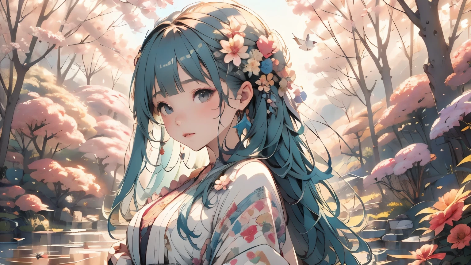 one girl、Full-bodied angle、anatomy、Painterly、sketch、texture、Depth of bounds written、very detailed、Floctal art、gentle shades、pastel colour、Floral、most detailed、dynamic pose、abstract background、Taisho romance、master piece、highest quality、Highest image quality、super resolution、Super detailed、official art、beautiful beautiful