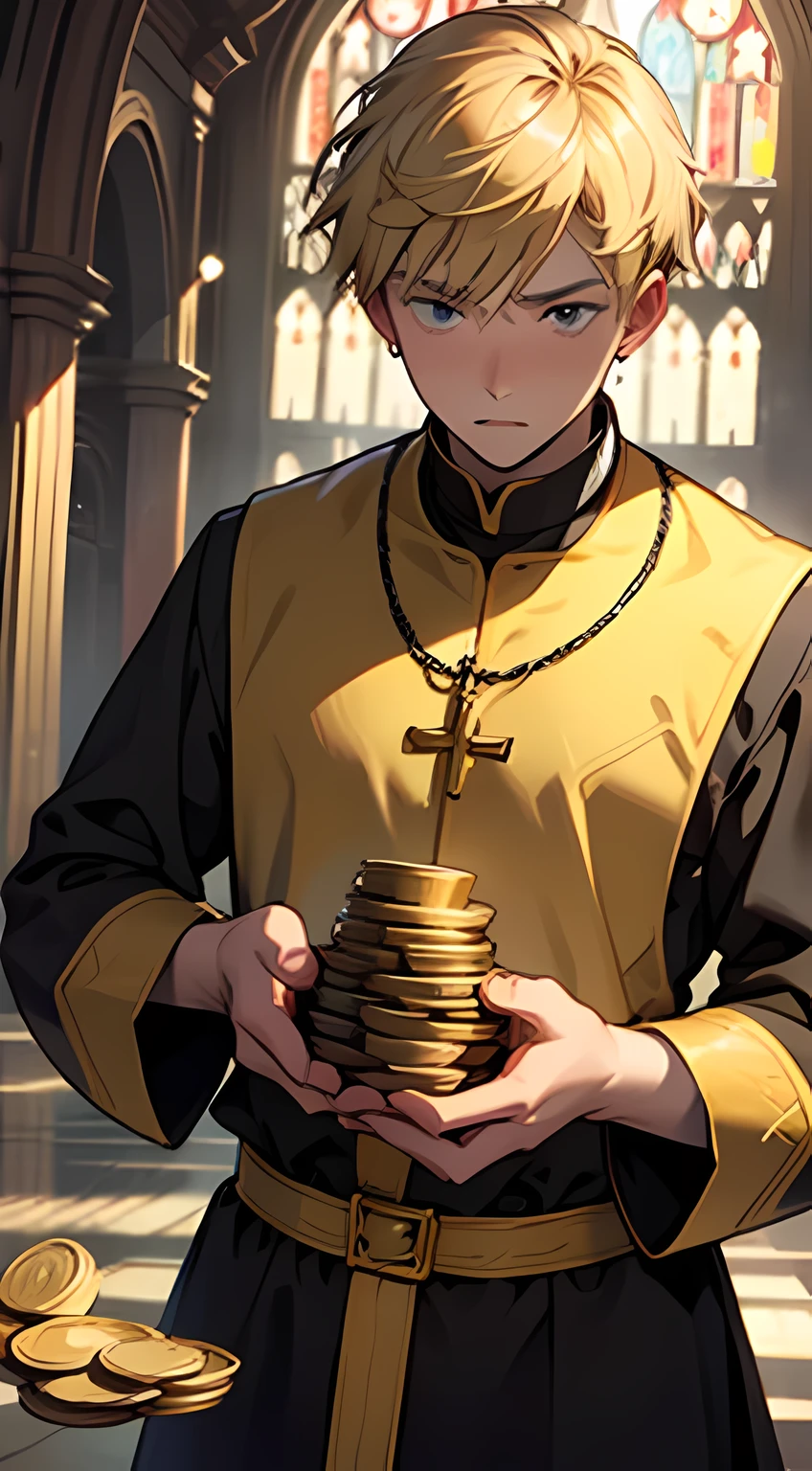 priest with many gold coins in his hands,Adolescente,loiro,cabelo curto,very surprised expression