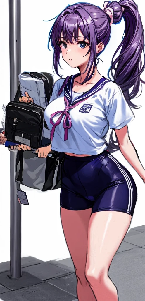 A beautiful woman with a mature face, her mauve-purple hair tied in a ponytail with a pale pink ribbon, is standing in the school playground wearing white gym clothes and navy blue bloomers shaped like panties.。