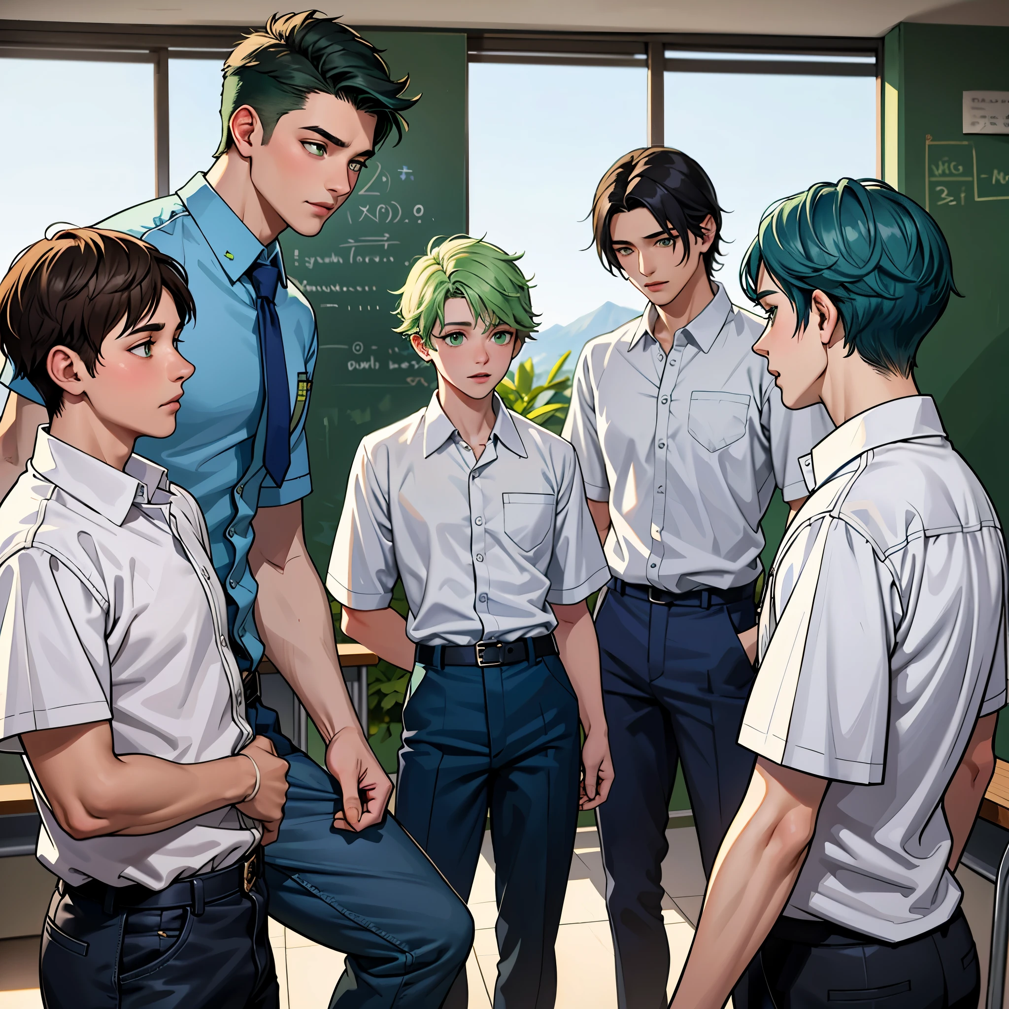 los 4 chicos guapos de la ecuela camisa azul y pantalon blanco, They are talking with concern about something important that will happen. They are anxious and worried. They are in the school classrooms. They are 14 and 15 years old. They have green hair, green eyes.