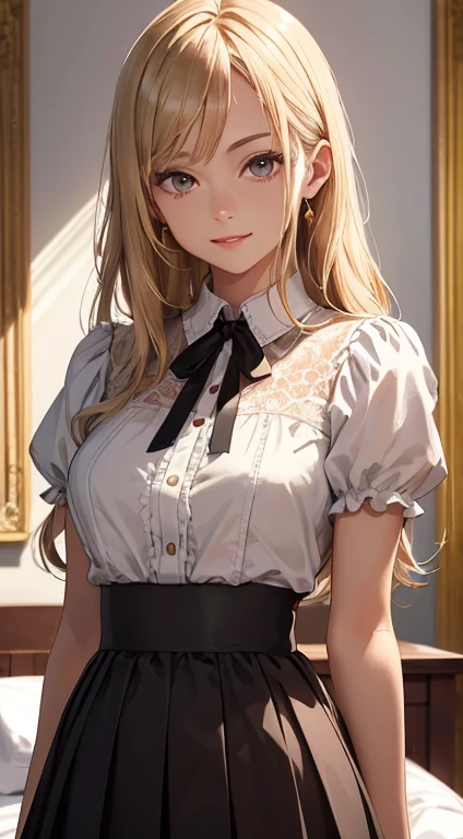 ((masterpiece best quality:1.4)), ((masutepiece, Best quality)), (8K quality), (Detailed background:1.3), (Detailed face:1.3), (Lovely age woman, Solo),Beautiful portrait、Delicate body、frilled blouse,Check long skirt,Vintage, Long blonde hair,Cinematic light,lite smile,Tilt the neck、Lie on a luxurious bed、Sunlight、Fluttering chest、Flip the skirt、Rainbow light, Beautiful glow,