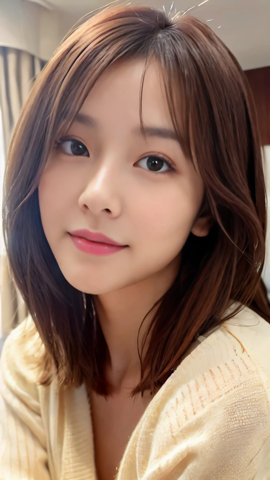 (highest quality、8K、16k、masterpiece、realistic、Super detailed、Beautiful in every detail、ray tracing)、photograph、
in a hotel room、
beautiful asian woman、japanese woman、30 year old female model、whole body、Wearing a sweatshirt、No make-up、mask、close your eyes、
(detailed face、golden ratio of beauty)、gentle smile、detailed lips、fine eyes、brown hair、bob hair、Idol style super cute face、Slim and beautiful body、beautiful breasts、Glossy skin、