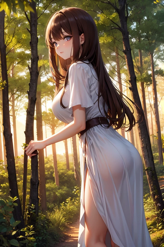 Beautiful mystical woman with brown hair, in a beautiful forest enjoying the sunset  