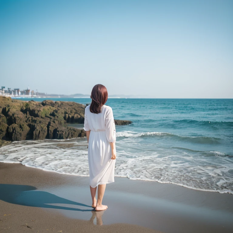 A neat and clean adult woman standing by the seaside