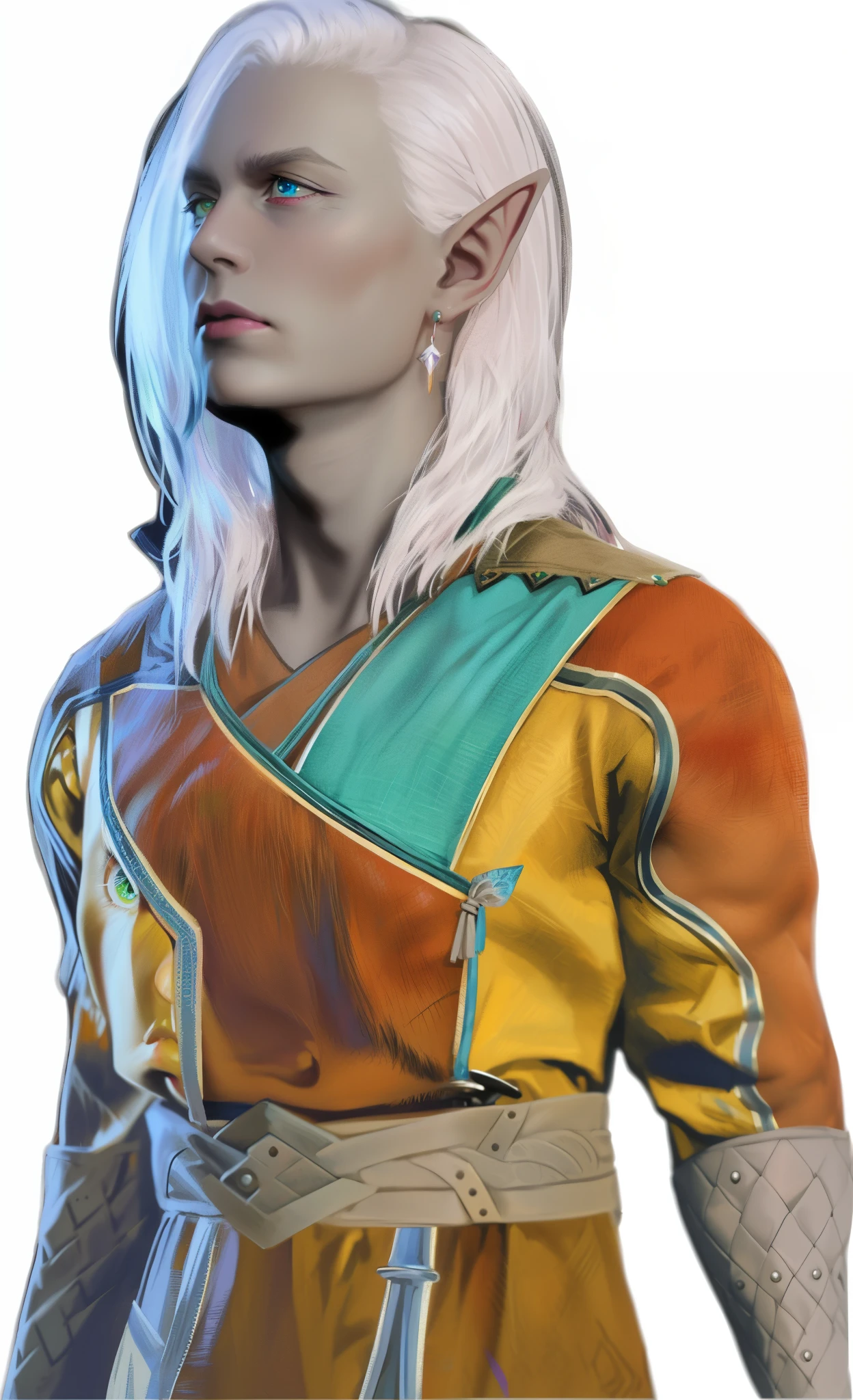 a drow elf dnd, heterochromia, blue and green eyes, elf ears, grey skin, male, middle aged, face wrinkles, cleft chin, mature, wearing multicolored robe, sword earring, magenta lips,