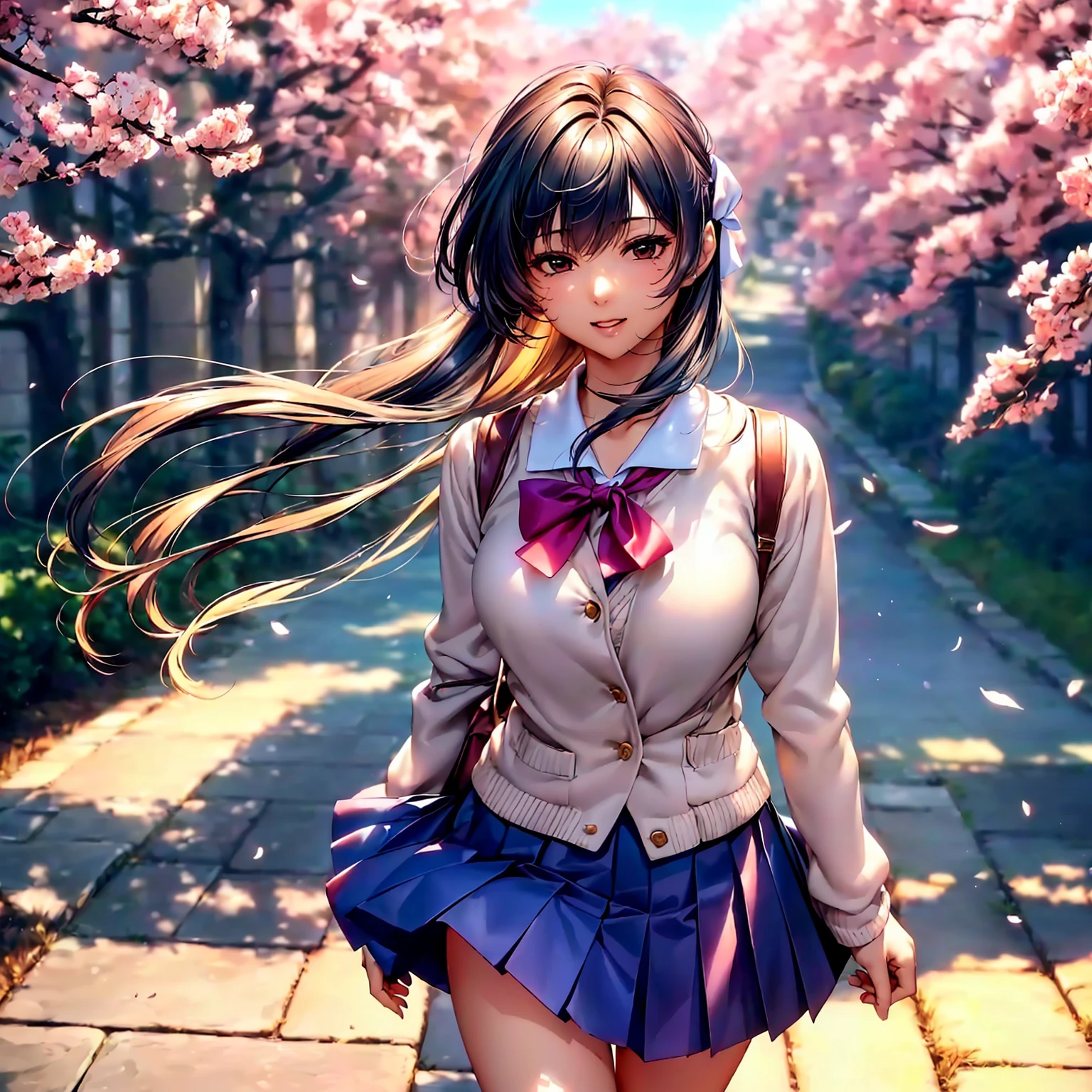 (highest quality、masterpiece、very high resolution、ultra high resolution.high quality details)、(A woman of perfect and ultimate beauty:18-year-old,bright smile,beautiful body、beautiful face)、(There are many variations of hairstyles,Bangs are neatly arranged,long straight hair on the side,beautiful hair quality),(Beautiful breasts with a slender body shape:F cup,Beautiful hair texture,beautiful skin texture,Lifelike textures,Beautiful colors),(Japanese girls' high school uniform:white blouse,ribbon,cardigan,blazer,pleated skirt,high school girl,JK:1.2),(the wind is blowing,The wind blows and my skirt flaps,Hair flutters under the influence of the wind,vision,mouth open 1.2),A path lined with flourishing cherry blossom trees,Cherry blossoms fall,beautiful scenery,(whole body,Thighs are visible,accurate anatomy、highly detailed images、accurate image、Perfect Image 1.5)、beautiful anime woman, beautiful art style, anime character、(Overall image、Image without defects、natural soft light、beautiful images),(best shot,Raw photo 1.2)