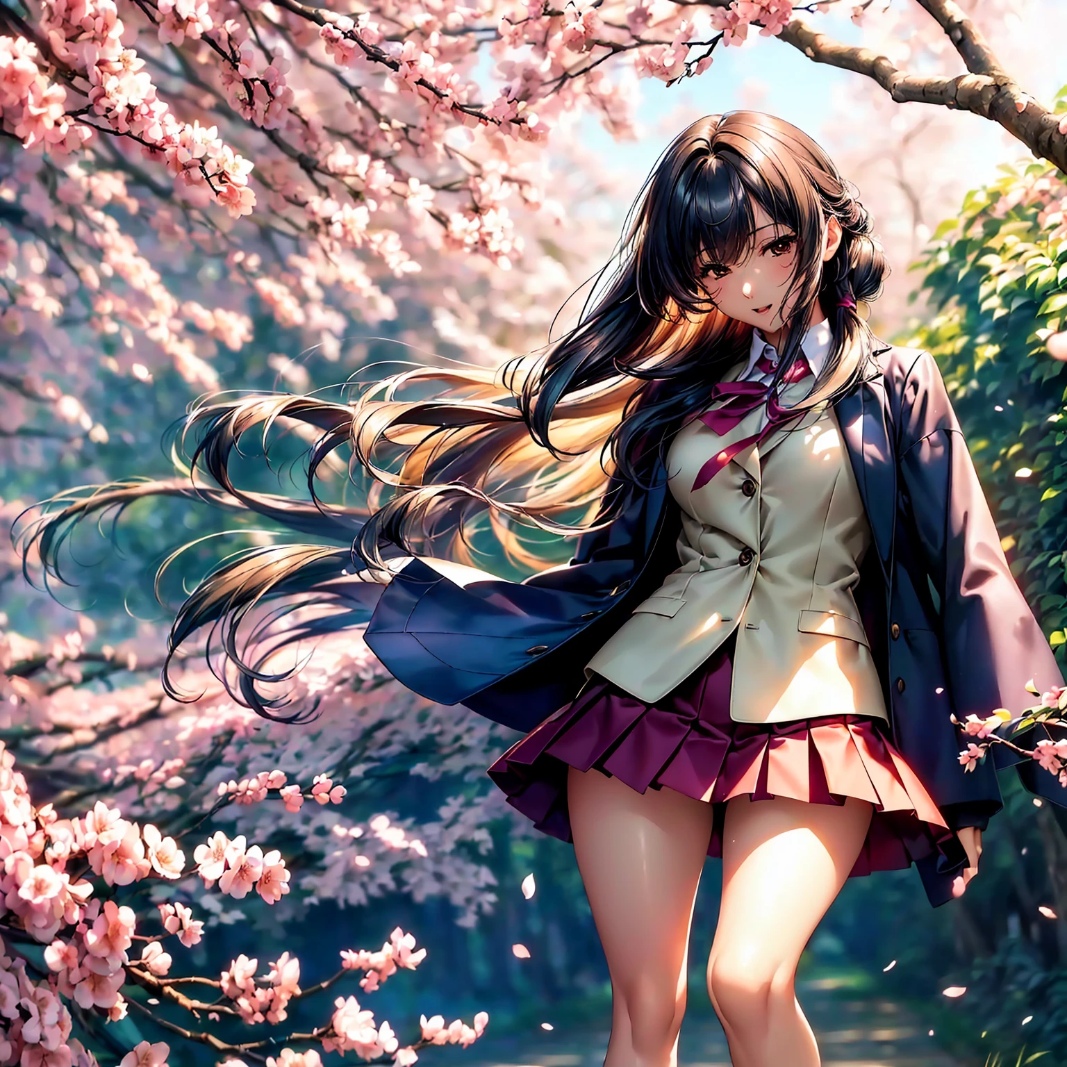 (highest quality、masterpiece、very high resolution、ultra high resolution.high quality details)、(A woman of perfect and ultimate beauty:18-year-old,bright smile,beautiful body、beautiful face)、(There are many variations of hairstyles,Bangs are neatly arranged,long straight hair on the side,beautiful hair quality),(Beautiful breasts with a slender body shape:F cup,Beautiful hair texture,beautiful skin texture,Lifelike textures,Beautiful colors),(Japanese girls' high school uniform:white blouse,ribbon,cardigan,blazer,pleated skirt,high school girl,JK:1.2),(the wind is blowing,The wind blows and my skirt flaps,Hair flutters under the influence of the wind,vision,mouth open 1.2),A path lined with flourishing cherry blossom trees,Cherry blossoms fall,beautiful scenery,(whole body,Thighs are visible,accurate anatomy、highly detailed images、accurate image、Perfect Image 1.5)、beautiful anime woman, beautiful art style, anime character、(Overall image、Image without defects、natural soft light、beautiful images),(best shot,Raw photo 1.2)