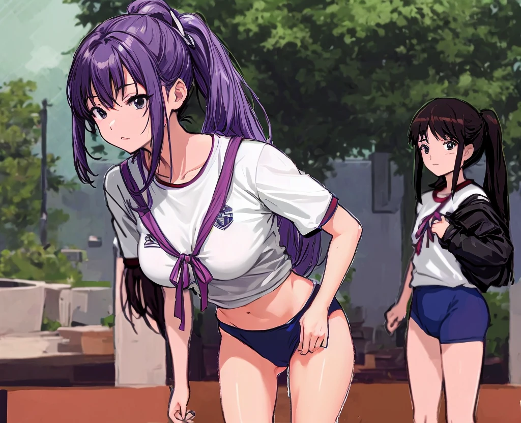 A beautiful woman with a mature face, her mauve-purple hair tied in a ponytail with a pale pink ribbon, is standing in the school playground wearing white gym clothes and navy blue bloomers shaped like panties.。