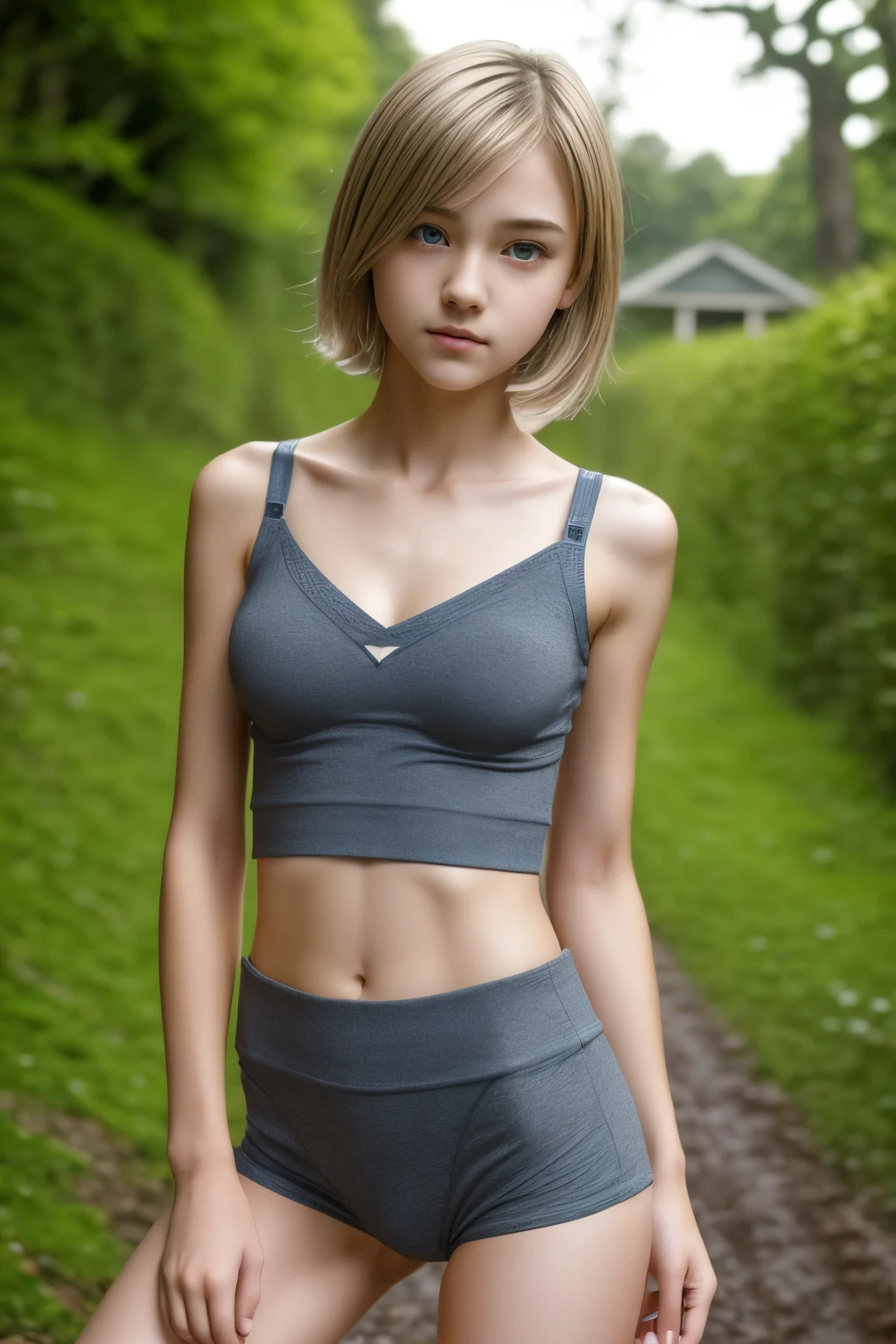 NSFW,チェコの女の子,  detailed blush face, Because I&#39;m slender, perfect anatomy, very cute, dynamic pose, dark, sexy look ,Water droplets on my sweaty underwear , Against the backdrop of an abandoned house, Overgrown with moss and bushes, nightfall, night, Side view, sharp focus, she is wearing: engraved short top "an eagle" and short bloomers, young and cute face, short blonde hair, gray blue eyes , 15 years old legs, thin hands ,teenage, erotic ,captivating gaze, small ass, small breasts, flat chest ,outstanding breast nipples , Visible leg muscles, small hairs on arms and legs,