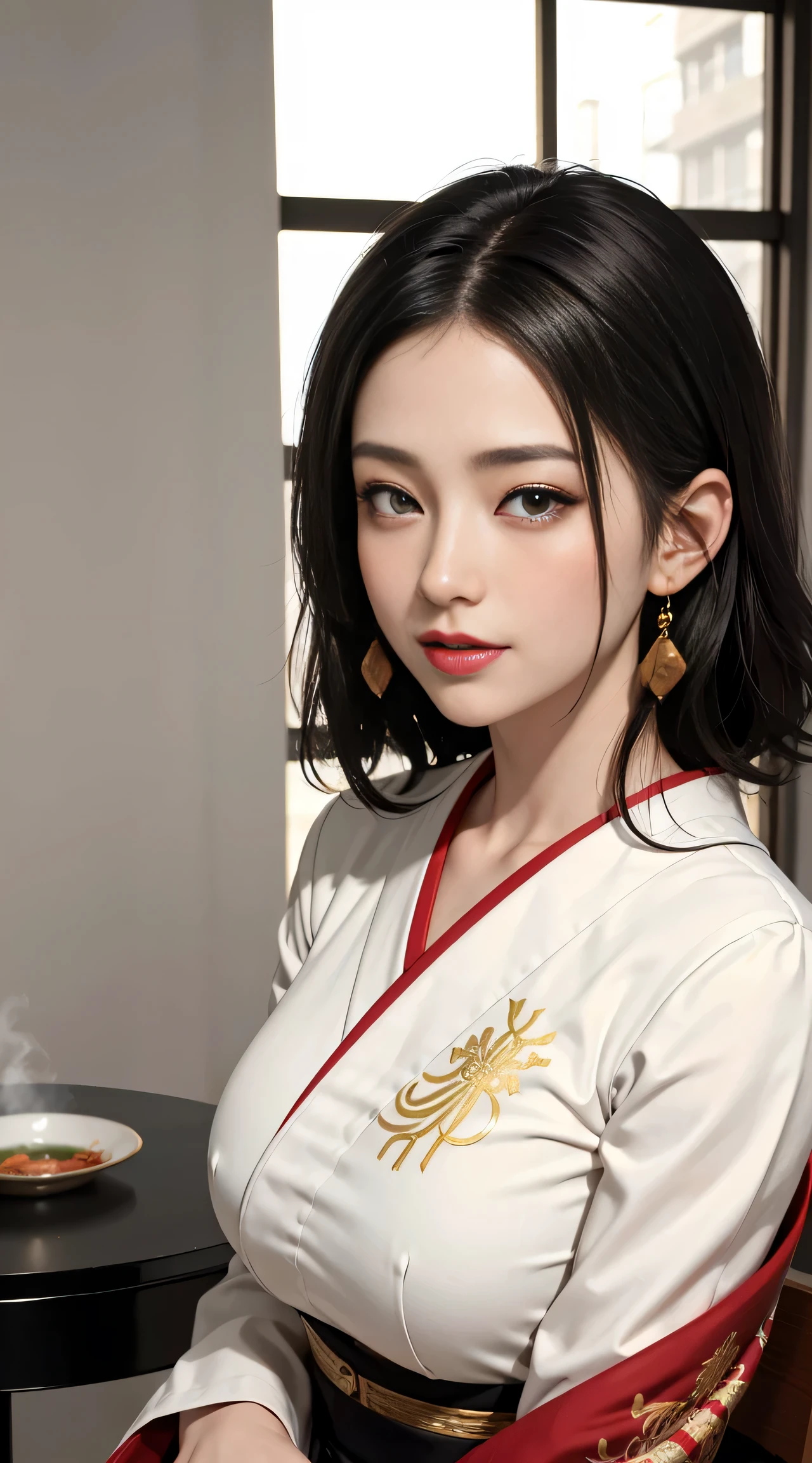 sfw, girl, black hair, wavy short hair, bright red lips, shiny lips, shiny skin, shiny eyes, closed mouth, (half closed eye), inviting smile, (stylish and captivating white kimono with gold embroidery:1.2), seiza, (traditional round table), place a tray on one's thighs, (traditional yunomi on table, green tea, steam from the traditional yunomi), hanging scroll, shoji, (traditional and formal Japanese house), (sophisticated city skyscrapers glittering outside the window:1.3), (close up face:1.2), dynamic angle, from side, depth of field, (monochrome:1.4), (flat color:1.3), (emphasize only red and gold:1.3), correct body structure, 8k, RAW photo, (high detailed skin:1.2), 8k UHD, DSLR, soft lighting, high quality, film grain, Fujifilm XT3, RAW candid cinema, 16mm, color graded portra 400 film, remarkable color, ultra realistic, textured skin, remarkable detailed pupils, realistic dull skin noise, visible skin detail, skin fuzz, dry skin, shot with cinematic camera, ((Full-Body Shot)), detailed skin texture, (blush:0.5), subsurface scattering, wearing bra,((skinny waist)), young asian girl, ((big )),
