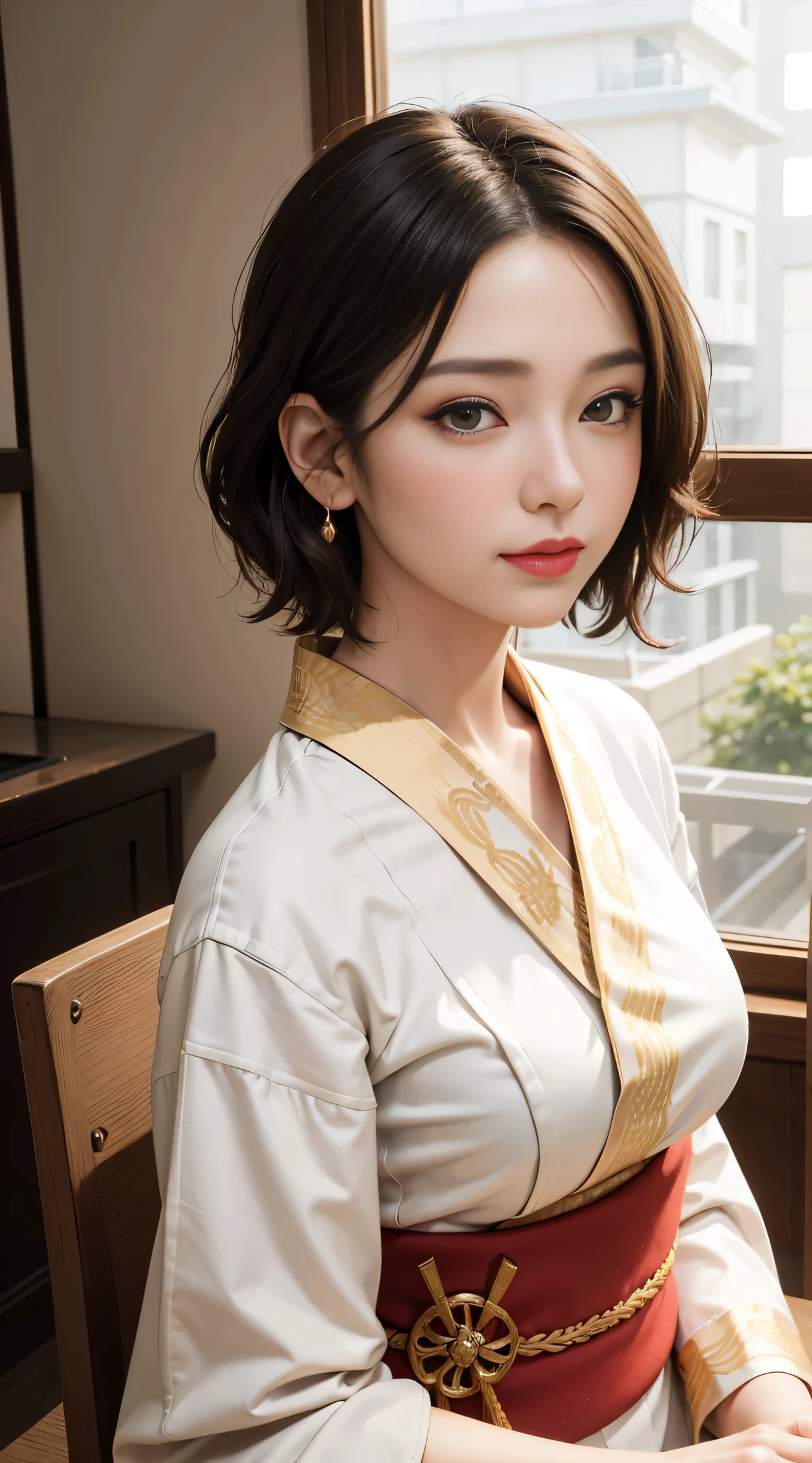 sfw, girl, black hair, wavy short hair, bright red lips, shiny lips, shiny skin, shiny eyes, closed mouth, (half closed eye), inviting smile, (stylish and captivating white kimono with gold embroidery:1.2), seiza, (traditional round table), place a tray on one's thighs, (traditional yunomi on table, green tea, steam from the traditional yunomi), hanging scroll, shoji, (traditional and formal Japanese house), (sophisticated city skyscrapers glittering outside the window:1.3), (close up face:1.2), dynamic angle, from side, depth of field, (monochrome:1.4), (flat color:1.3), (emphasize only red and gold:1.3), correct body structure, 8k, RAW photo, (high detailed skin:1.2), 8k UHD, DSLR, soft lighting, high quality, film grain, Fujifilm XT3, RAW candid cinema, 16mm, color graded portra 400 film, remarkable color, ultra realistic, textured skin, remarkable detailed pupils, realistic dull skin noise, visible skin detail, skin fuzz, dry skin, shot with cinematic camera, ((Full-Body Shot)), detailed skin texture, (blush:0.5), subsurface scattering, wearing bra,((skinny waist)), young asian girl, ((big )),