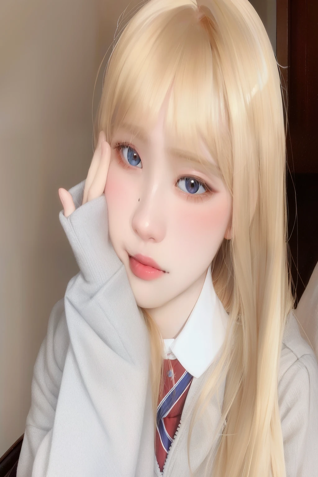 Chica rubia con pelo largo con uniforme escolar y corbata., ulzzang, Lalisa Manobal, shikami, sakimichan, linda cara de anime natural, kim doyoung, pelo largo y blanco y flequillo, retrato realista kawaii, maquillaje popular de corea del sur, pale korean adorable face, pelo largo y rubio y ojos grandes, cabello rubio y ojos grandes