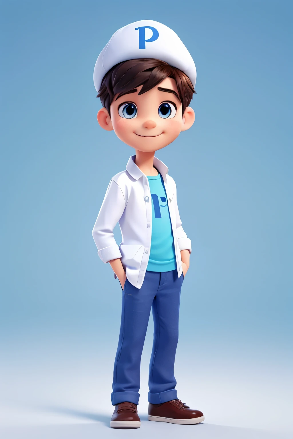 Create an enchanting image of a young boy in Disney Pixar style, against a pristine white background. He wears a pristine white shirt, elegantly adorned with a bold capital letter "P" in the same hue as his shirt. Over his head, a pristine white cap sits snugly, embellished with a striking blue capital letter "P" on its peak. Completing his attire is a pair of vibrant blue pants that fit him perfectly. With an endearing smile playing on his lips, the boy gestures to the side, inviting curiosity and delight.