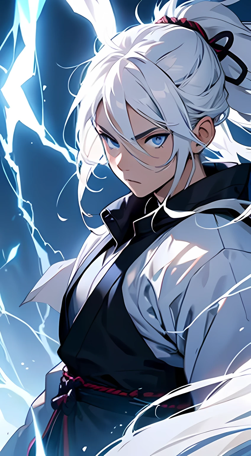 samurai of wind and thunder, Eletricidade, Cabelo branco muito comprido, olhos azuis, Eletricidade background