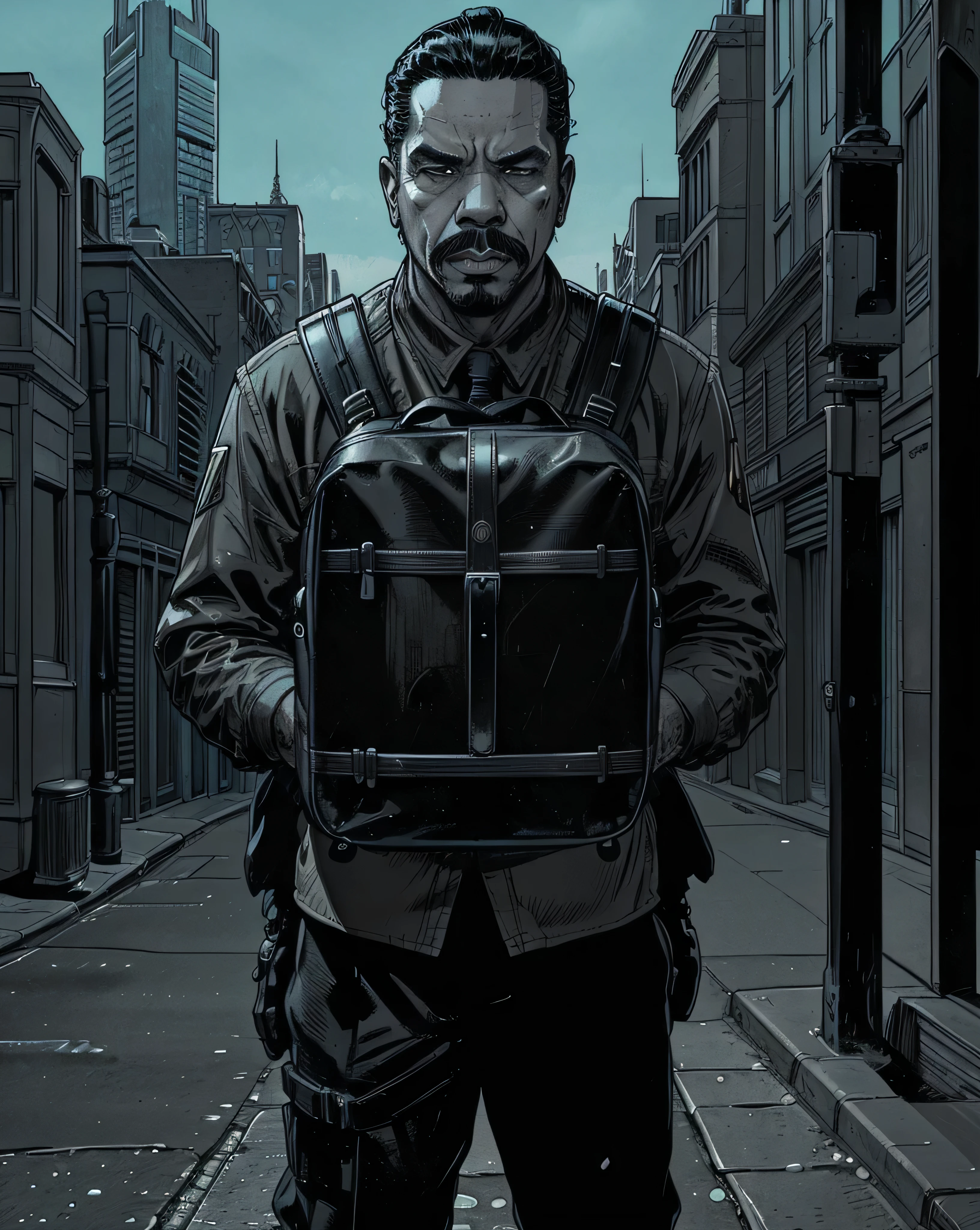 there is a man that is standing on a street with a backpack, ice - t portrait, cg artist, matte painting portrait shot, city in the background, official artwork, promotional art, promotional render, inspired by Vincent Lefevre, highly detailed vfx portrait of, detailed portrait shot, closeup portrait shot, masterpice, official artwork hdr, promotional shot