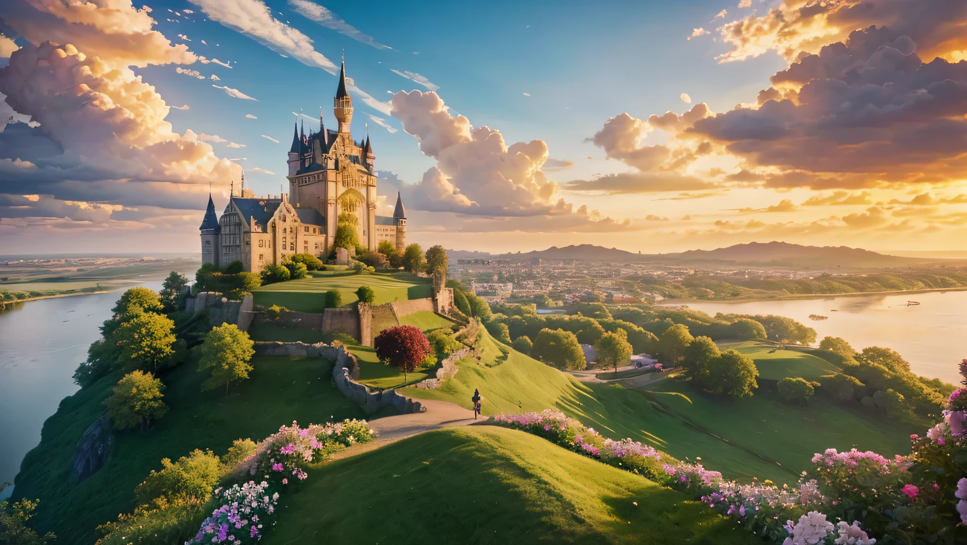 a castle floating in the sky on a big cloud, golden hour, romantic and nostalgic, flowers and roses