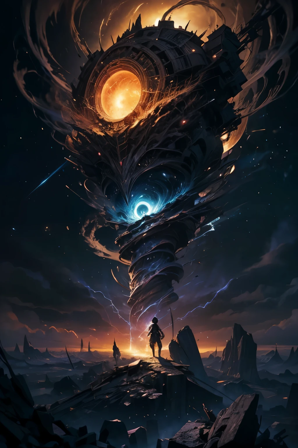 (best quality,4K,8k,high resolution,masterpiece:1.2),Super detailed,(actual,photoactual,photo-actual:1.37),The reality of widespread collapse,Armageddon,Cosmic catastrophe,destructive chaos,世界Armageddon景观,broken Dimensional,dramatic disintegration,dark and ominous atmosphere,Crumbling structure,There are cracks in the structure,The disappearing horizon,fade,strong and overwhelming energy,Vortex of matter and energy,Wild elemental forces are at work,Twisted and distorted forms,Evolving and changing shapes,An otherworldly phenomenon,Pulsating and throbbing lights,A brilliant and vibrant explosion,Cosmic storms and celestial fireworks,闪烁和fade的现实碎片,disappear into the void,endless nothingness,Unstoppable destructive power,An overwhelming sense of despair and hopelessness,unprecedented disaster,Unleash unimaginable power,fear and awe combined,Chaos and Pandora's Box,An ominous presence looms,The scale of destruction is unimaginable,Unravel existence,Completely eliminate,The world teeters on the edge of oblivion,ultimate cosmic entropy,Ominous and eerie silence,Unforeseen consequences,An unknown and scary future,uncertain fate,last moments of existence,Darkness devours everything,Beyond the eternal void.