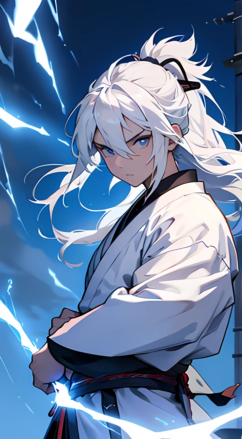 samurai of wind and thunder, Eletricidade, Cabelo branco muito comprido, olhos azuis, Eletricidade background