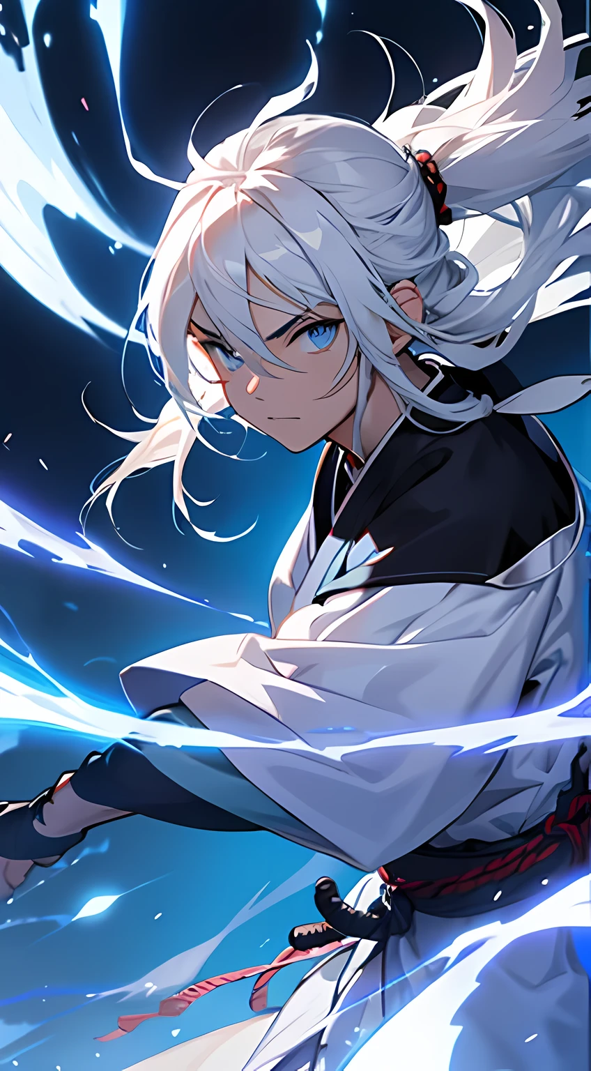 samurai of wind and thunder, Eletricidade, Cabelo branco muito comprido, olhos azuis, Eletricidade background