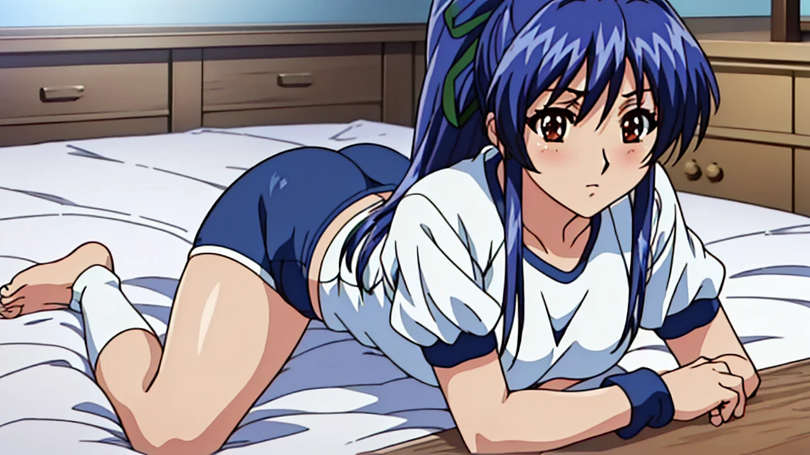((table top, highest quality, High resolution, nffsw, perfect pixel, 4K, nffsw, nffsw))), 1 girl, single, alone, Beautiful woman、I could see the whole body、 ((ponytail, bangs, blue hair)), ((brown eyes, beautiful eyelashes, realistic eyes)), ((detailed face, blush:1.2)), ((smooth texture:0.75, realistic texture:0.65, realistic:1.1, Anime CG style)), medium breasts, ((full body shot))、 perfect body, ((White short-sleeved gym clothes with navy blue cuffs))、((navy blue bloomers))、((barefoot、dark blue socks))、big smile、health room、Bed、lie down、My butt is sticking out
