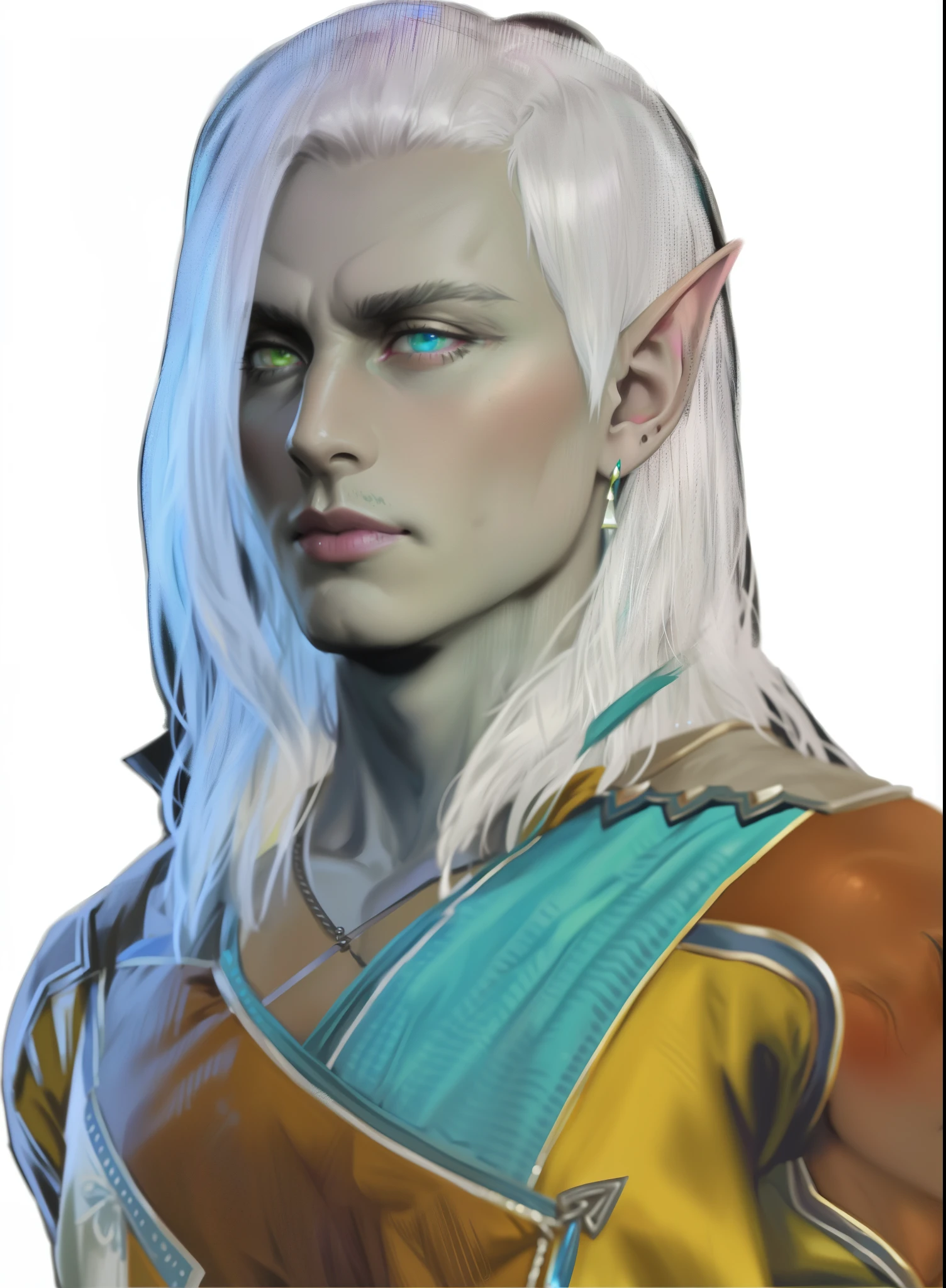 a drow elf dnd, heterochromia, blue and green eyes, elf ears, grey skin, male, middle aged, face wrinkles, cleft chin, mature, wearing multicolored robe, sword earring, magenta lips,