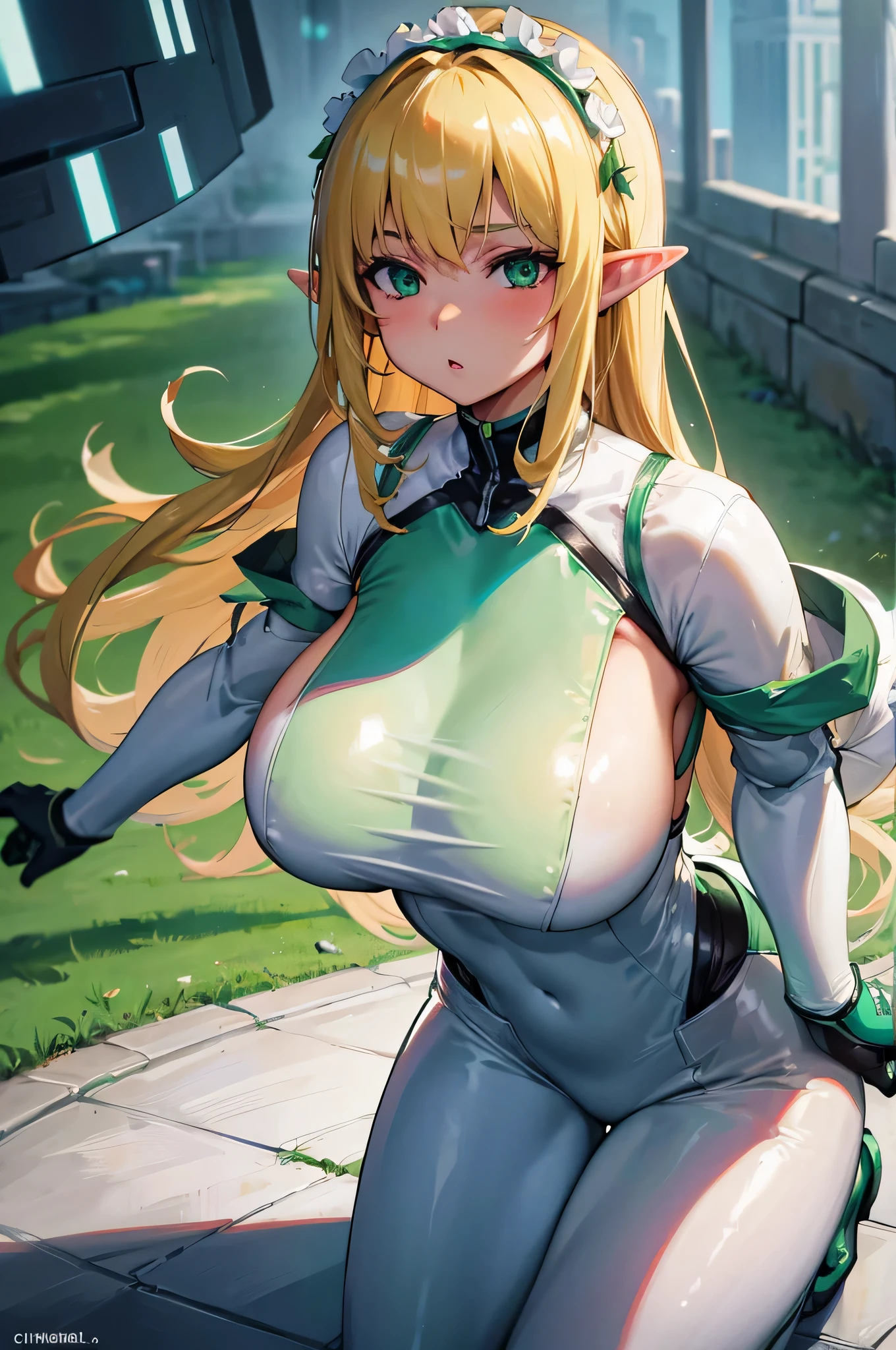 4K,High resolution,one woman,blonde,long hair,green eyes,goblin,big breasts,white tight cyber suit,maid,maid服,city of the future