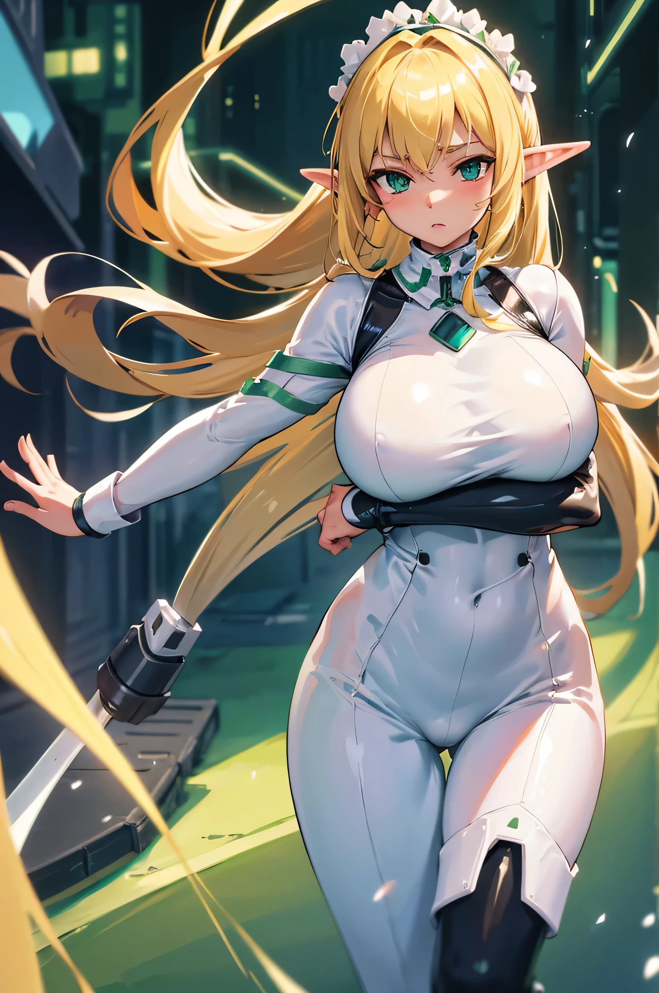 4K,High resolution,one woman,blonde,long hair,green eyes,goblin,big breasts,white tight cyber suit,maid,maid服,city of the future