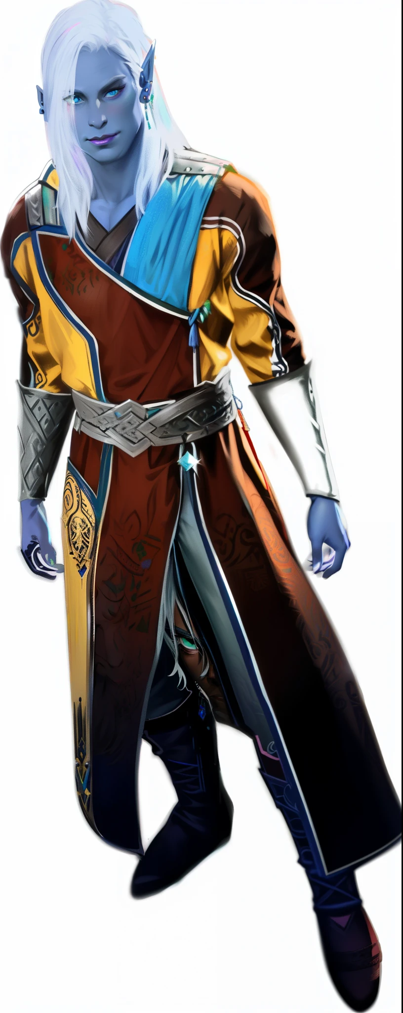 a drow elf dnd, heterochromia, blue and green eyes, elf ears, grey skin, male, middle aged, face wrinkles, cleft chin, mature, wearing multicolored robe, sword earring, magenta lips,