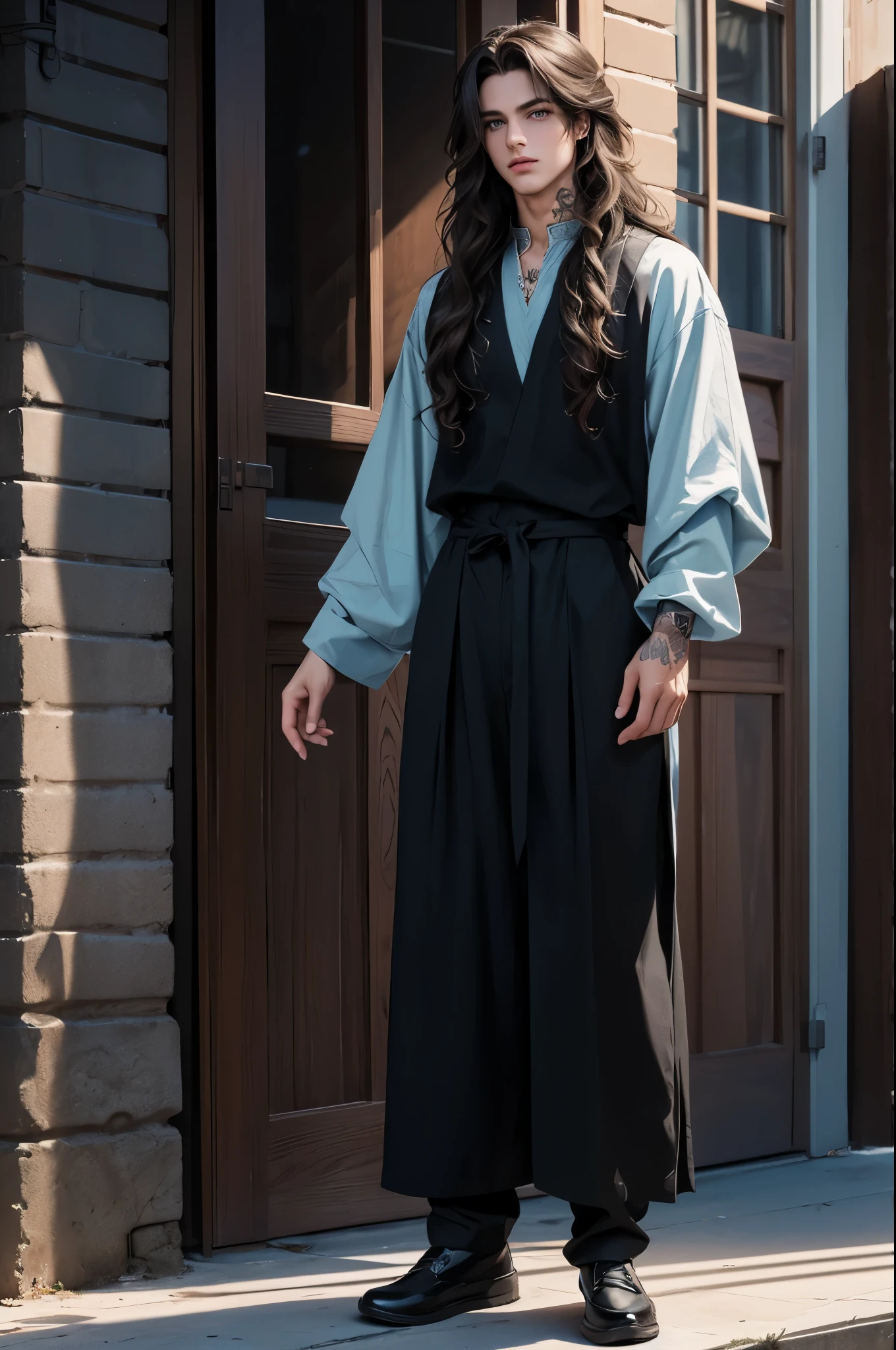 long curly brown hair, light-blue chill eyes, tall, full body, athletic body, open front black tunic, high, wide leg black trousers, black shoes, tattooed body, 4k hd, extra-detailed, detailed, character desing, anime style.