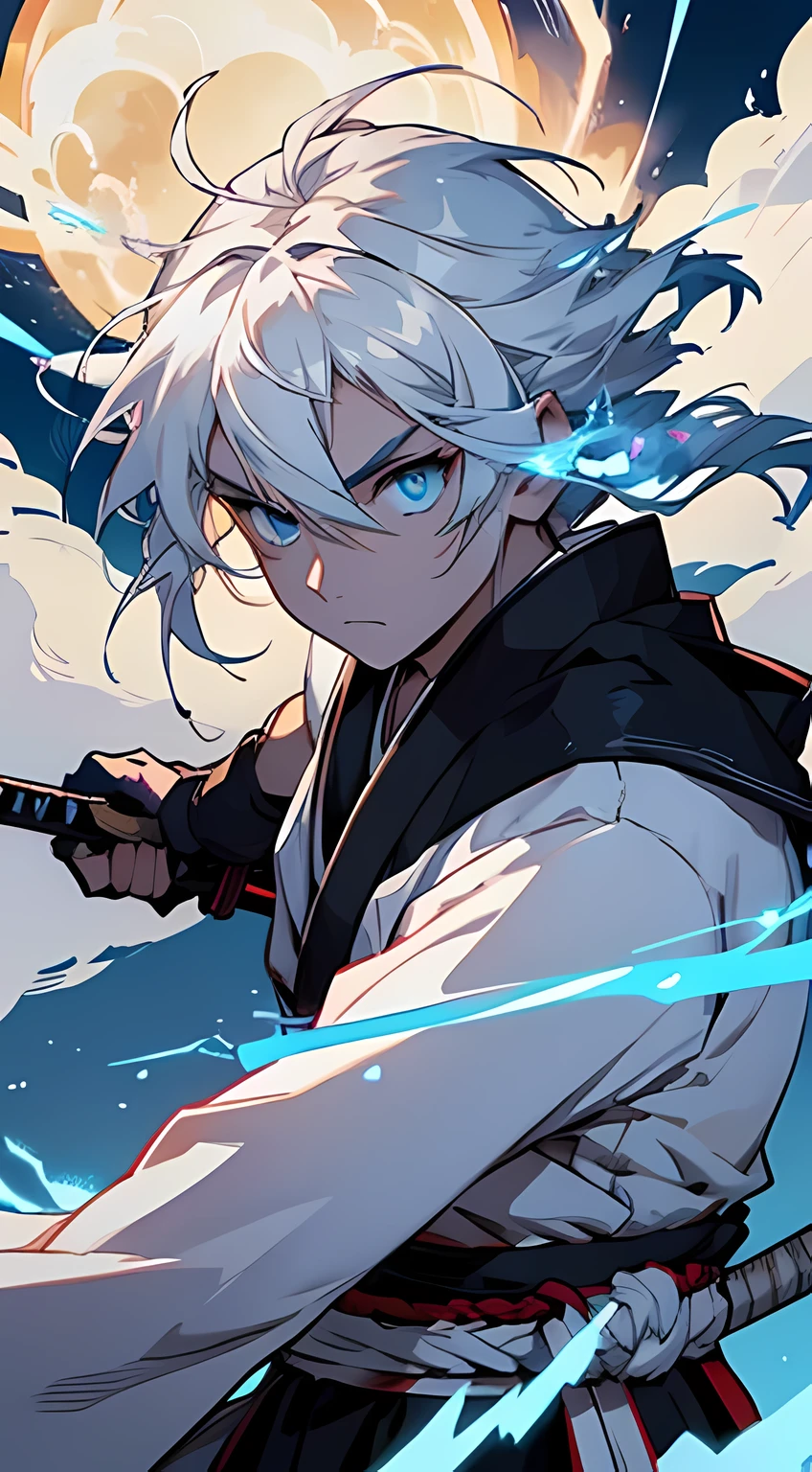 samurai of wind and thunder, using lightning sword, exploding Eletricidade atack, Eletricidade, Cabelo branco comprido, olhos azuis, lightning sword, exploding thunder background