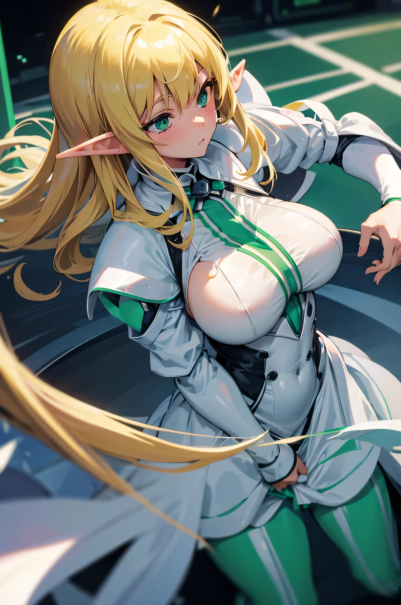 4K,High resolution,one woman,blonde,long hair,green eyes,goblin,big breasts,white tight cyber suit,maid,maid服,city of the future