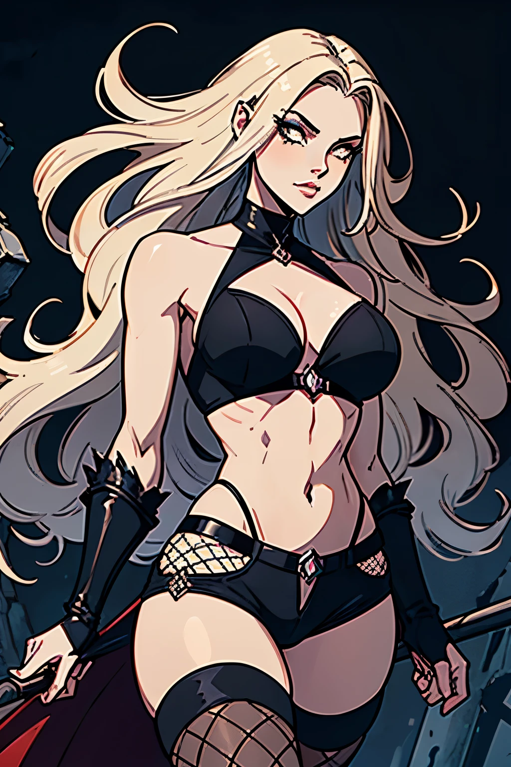Amid the dark atmosphere of Castlevania, a young adult woman stands out with characteristic features, apresentando cabelos brancos, longos e sedosos, que caem como uma cascata prateada. The mysterious touch is intensified by its white fox ears., que espreitam sutilmente entre os fios, adding a layer of otherworldly allure.
A seductive smile adorns your lips, revealing sharp teeth that enhance its otherworldly nature. Seus olhos vermelhos, intensos e hipnotizantes, capture the essence of darkness, conveying a unique and engaging presence. The young woman wears a bikini top, destacando seus seios e combinando perfeitamente com a atmosfera sombria de Castlevania.
Com um busto generoso e curvas acentuadas, ela personifica a beleza natural, adding a touch of sensuality to its undeniable strength. Wrapped in fishnet tights, the young woman displays a fusion of mystery and power that echoes the elements intrinsic to the Castlevania universe.
Adicionando uma camada de ousadia, she is muscular and strong, emanating an imposing presence. Wearing denim shorts that highlight your physical strength, the combination of dark elements and the dramatic palette of red, White and black in her outfit further emphasizes her unique nature inspired by the Castlevania aesthetic.
This young adult personifies the perfect synthesis of beauty, Strength and mystery, incorporating the distinctive elements of Castlevania with a unique boldness. ((musculosa + forte + orelhas de raposa brancas))