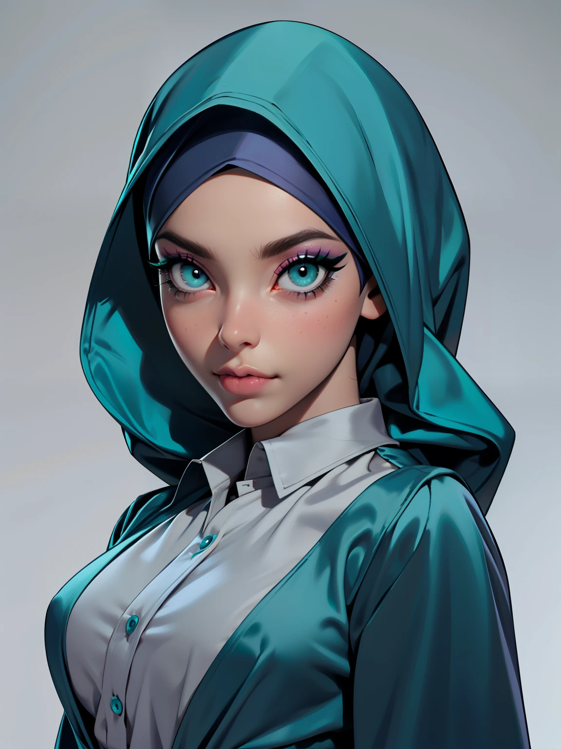 (Masterpiece, best quality) detailed, character sheet, ((a woman, beautifully makeup, eyeshadow, beautiful big eyes, long eye lashes, wearing (Teal satin hijab), ((gray satin shirt)), satin long maxi skirt)), photography, detailed skin, realistic, photo-realistic, 8k, highly detailed, full length frame, High detail RAW color art, diffused soft lighting, shallow depth of field, sharp focus, hyperrealism, cinematic lighting, extremely detailed artgerm, style artgerm, full of details. Standing Symmetric Centre, facing the viewer, gray background.