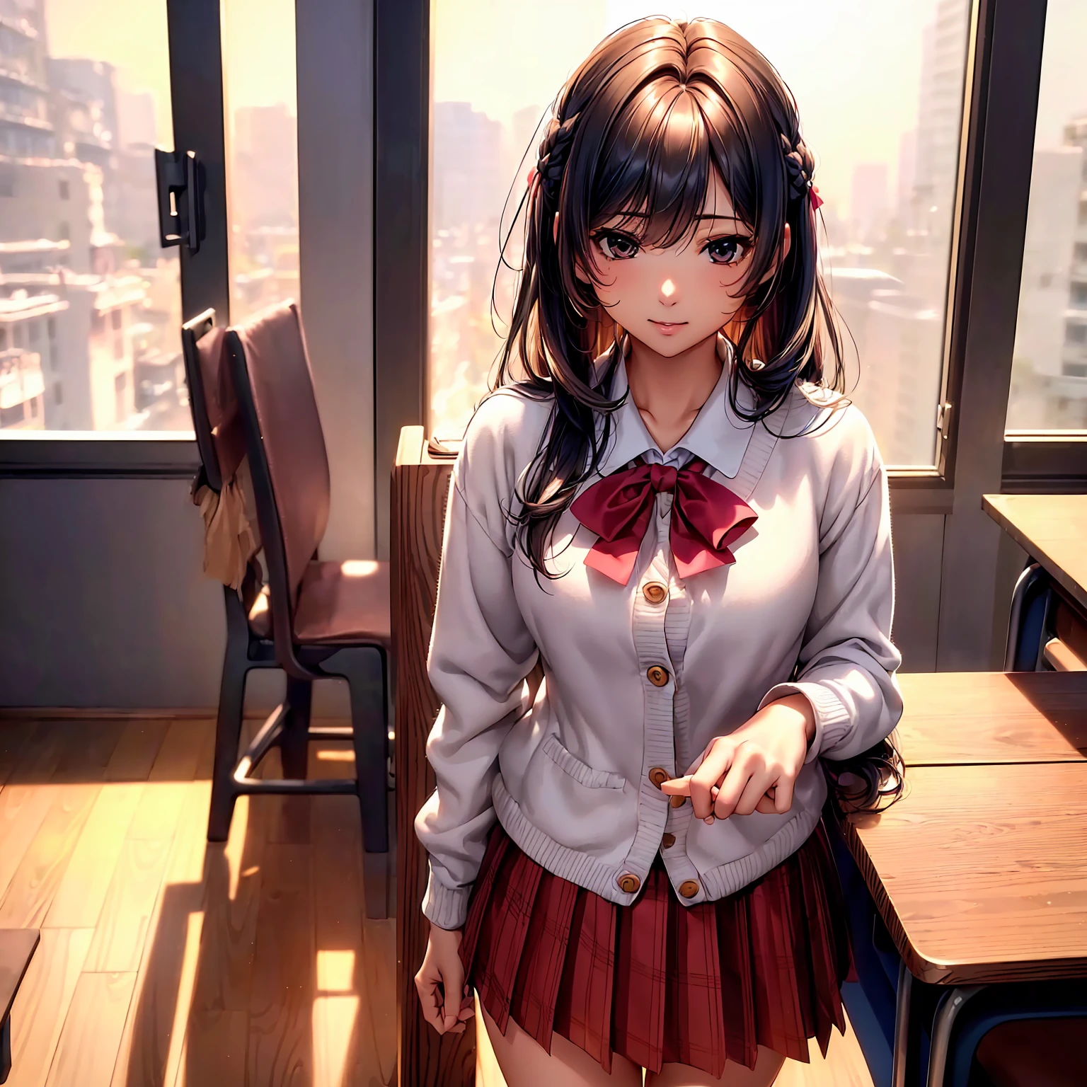 (highest quality、masterpiece、very high resolution、ultra high resolution.high quality details)、(A woman of perfect and ultimate beauty:18-year-old,bright smile,beautiful body、beautiful face)、(There are many variations of hairstyles,Bangs are neatly arranged,Long straight side hair,beautiful hair quality),(Beautiful breasts with a slender body shape:F cup,Beautiful hair texture,beautiful skin texture,Lifelike textures,Beautiful colors),(Japanese girls' high school uniform:white blouse,ribbon,cardigan,blazer,plaid pleated skirt,high school girl,JK:1.2),(school classroom,Chair,vision,mouth open 1.2),(whole body,Thighs are visible,accurate anatomy、highly detailed images、accurate image、Perfect Image 1.5)、beautiful anime woman, beautiful art style, anime character、(Overall image、Image without defects、natural soft light、beautiful images),(best shot,Raw photo 1.2)