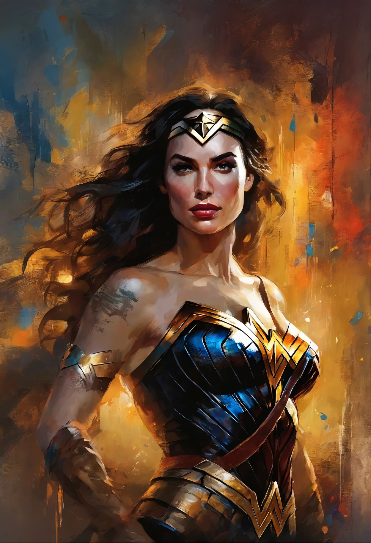 Carne Griffiths and Wadim Kashin have created an awe-inspiring digital painting of the character Wonder Woman with abstract beauty. Her full body focused on the camera, approaching perfection with a dynamic pose. The moonlight highlights her smooth skin in sharp focus, making her highly detailed features stand out. This illustration is a concept art masterpiece, with triadic colors and intricate details that give it a fantastical feel. It has become a trending piece on ArtStation, with a 8K resolution and complementary colors that make it a splash screen worthy piece. Greg Rutkowski's hyperdetailed gothic art and Artgerm's oil painting heavy strokes add an extra layer of depth to this fantasy concept art masterpiece.