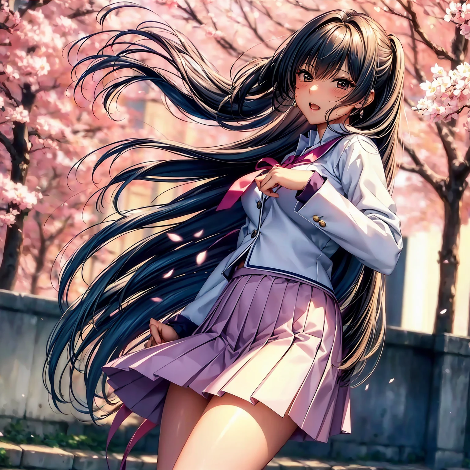 (highest quality、masterpiece、very high resolution、ultra high resolution.high quality details)、(A woman of perfect and ultimate beauty:18-year-old,bright smile,beautiful body、beautiful face)、(There are many variations of hairstyles,Bangs are neatly arranged,long straight hair on the side,beautiful hair quality),(Beautiful breasts with a slender body shape:F cup,Beautiful hair texture,beautiful skin texture,Lifelike textures,Beautiful colors),(Japanese girls' high school uniform:white blouse,ribbon,cardigan,blazer,pleated skirt,high school girl,JK:1.2),(the wind is blowing,The wind blows and my skirt flaps,Hair flutters under the influence of the wind,vision,mouth open 1.2),A path lined with flourishing cherry blossom trees,Cherry blossoms fall,beautiful scenery,(whole body,Thighs are visible,accurate anatomy、highly detailed images、accurate image、Perfect Image 1.5)、beautiful anime woman, beautiful art style, anime character、(Overall image、Image without defects、natural soft light、beautiful images),(best shot,Raw photo 1.2)