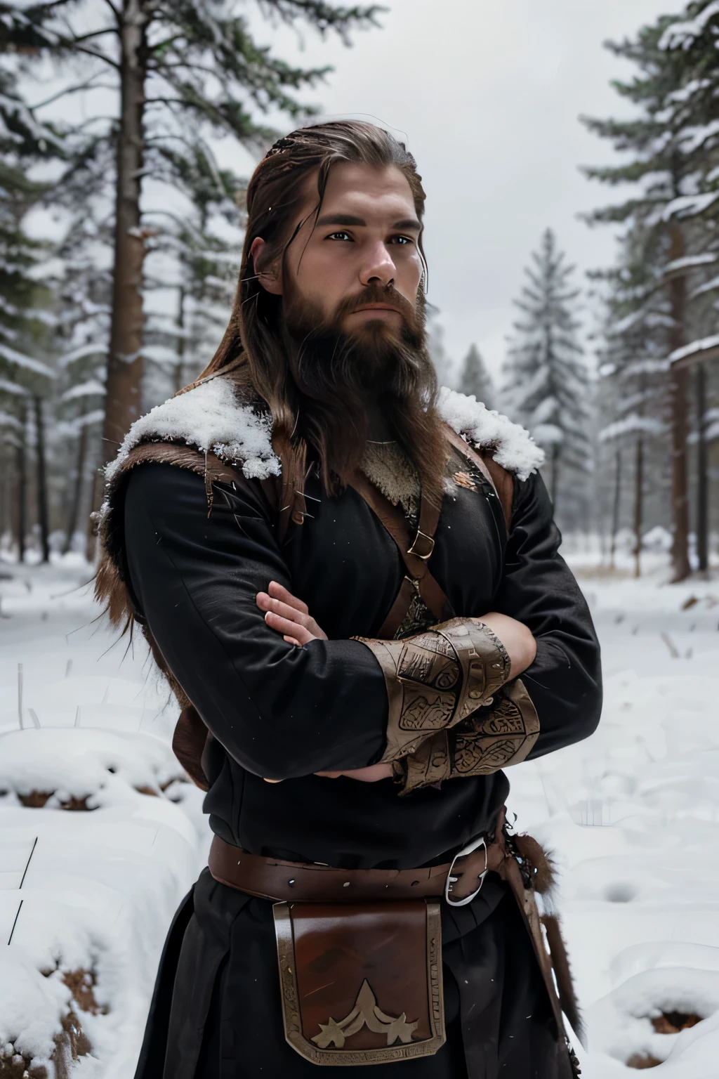 A Viking-style bearded warrior in warrior outfit
in a snowy forest