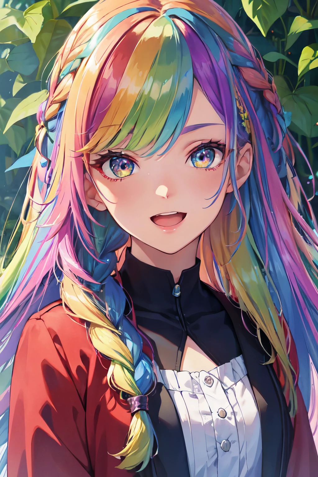 （In 8K, best quality, muste piece:1.2)、ultra high resolution,1 female ************、ultra-detailed face,detailed eyes,open mouth,laughing,((Rainbow Hair)),asymmetrical bangs,twin braids,BREAK,(flower dress),Rainbow light,botanical garden