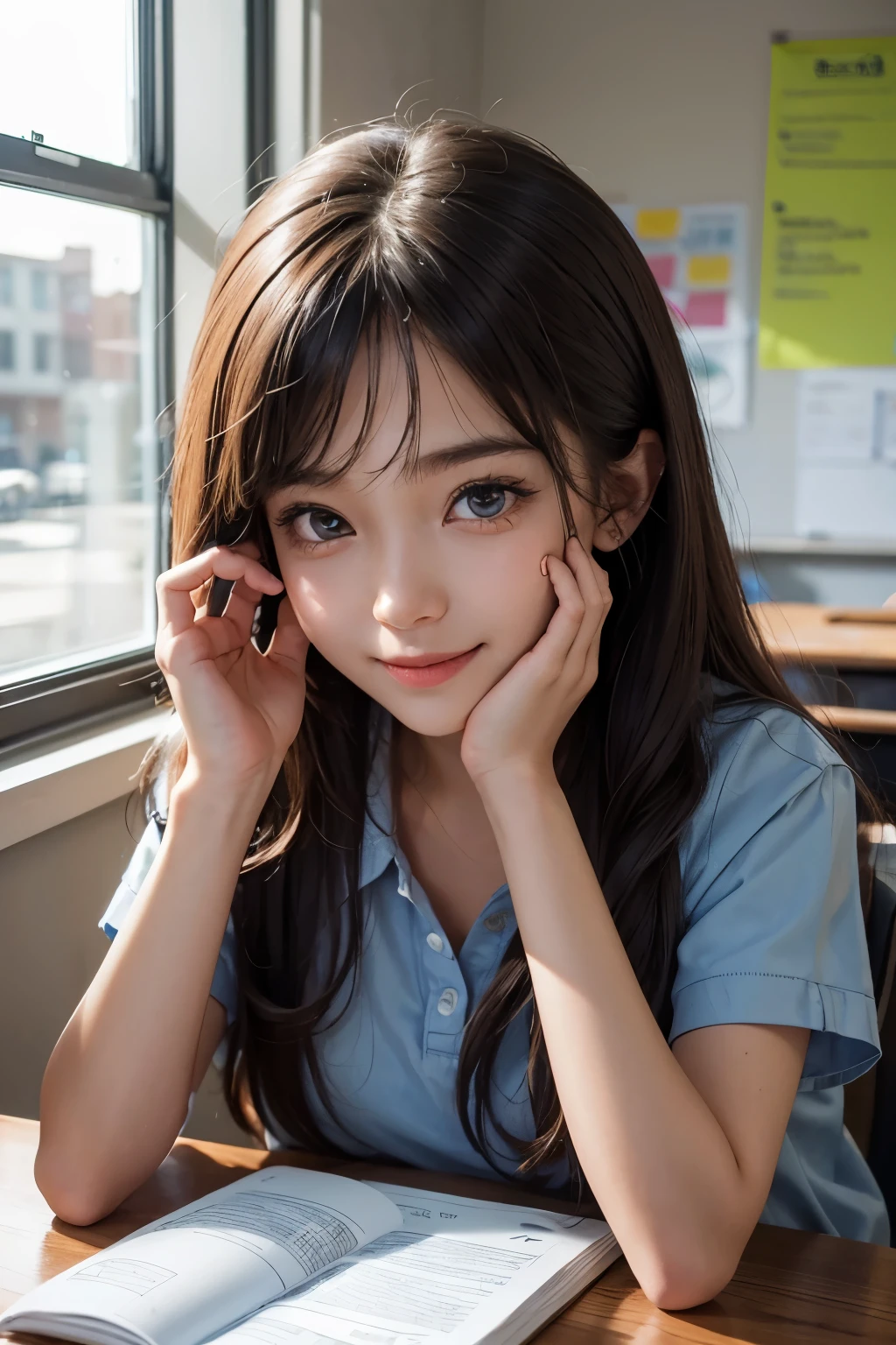 two , During class, school, one boy one girl, Desk, note, writing, sitting, high detailed real face, smile, beautiful skin, high detailed skin, beautiful eyes, high detailed finger, high detailed hand, masterpiece,