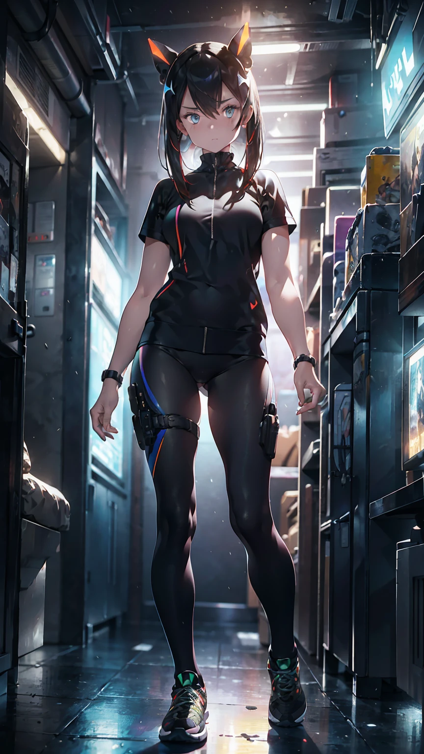 An ultra-realistic and ultra-detailed ((full body portrait)) Intricate (Caucasian) Spy Goddess with dark hair, Sneakers, hearts, Standing Holding And Aiming A Bulky Oversized Silenced Gun, Netrunner, Vigilante, Classy, Sassy, Fantastically Colorful, Futuristic Sexy Shorts Fashion Minimalistic Military Clothing, Augmented Reality, Futuristic Rainbow Glowing Presence Of Absolution And Fantastical Force, Sharp Camera Focus, Visual-Depth, Highly Detailed, (Highest Artistic Quality), Over 8k, Upscaled4x.