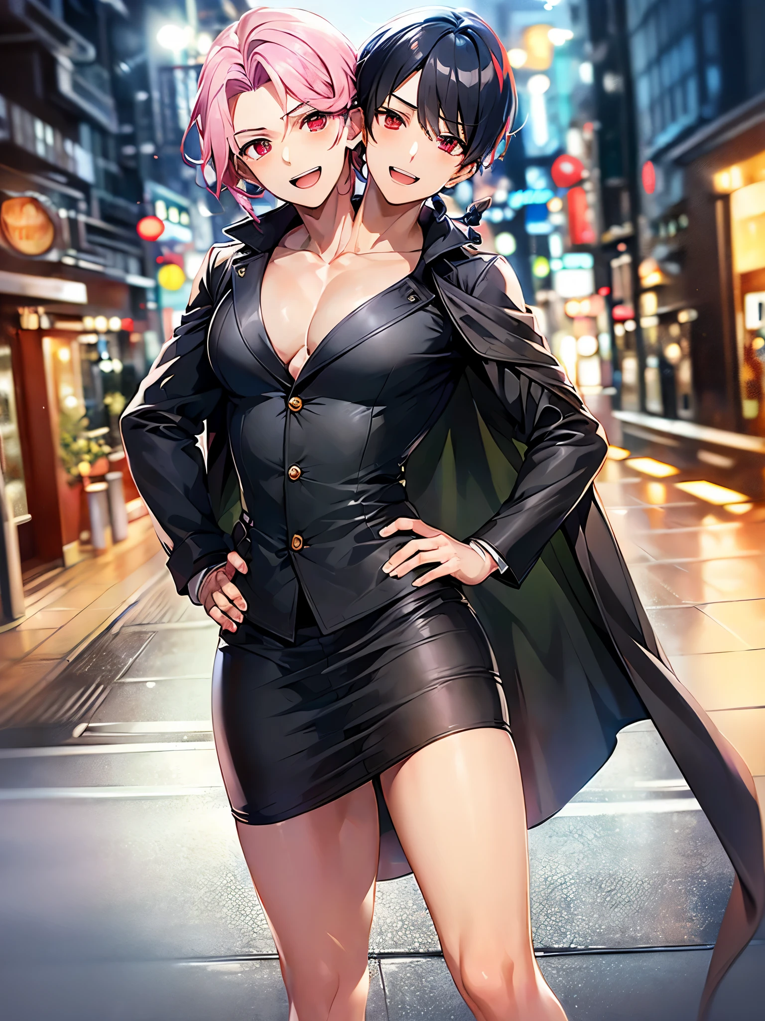 (2heads:1.3), (1boy:1.2), solo, red eyes, black hair, pink hair, braid, long hair, (handsome:1.5), (masculine:1.5), (masterpiece), (high quality), (best resolution), :D, looking at viewer, night, city, beautiful background, (holding a gun:1.1), hand on hip, (black trench coat), wide hips, thick thighs, (masculine chest)