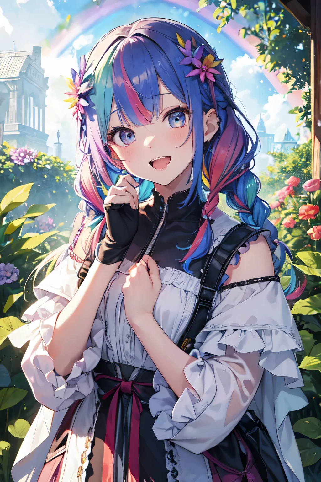 (In 8K, best quality, muste piece:1.2)、ultra high resolution,1 female 16 years old、ultra-detailed face,detailed eyes,open mouth,laughing,((Rainbow Hair)),asymmetrical bangs,twin braids,BREAK,(flower dress),Rainbow light,botanical garden