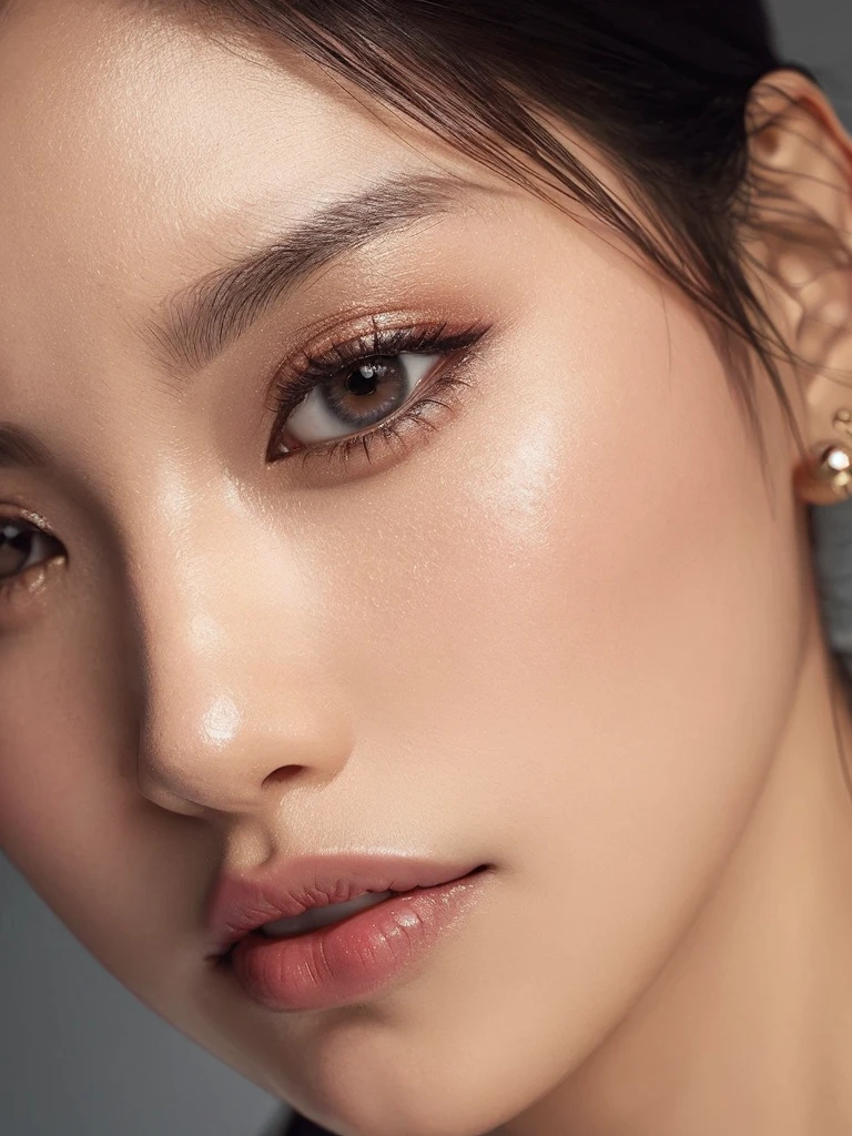 un primer plano de una mujer con una camisa negra y aretes, piel humeda, maquillaje popular de corea del sur, rasgos de la cara coreana, piel de porcelana brillante, detailed face of an asian girl, maquillaje sutil, piel brillante, maquillaje coreano popular, asian beautiful face, asian guy, ojos brillantes, hermosos rasgos faciales finos, hermoso rostro estetico, piel resaltada de porcelana, Enfoque de maquillaje ligero