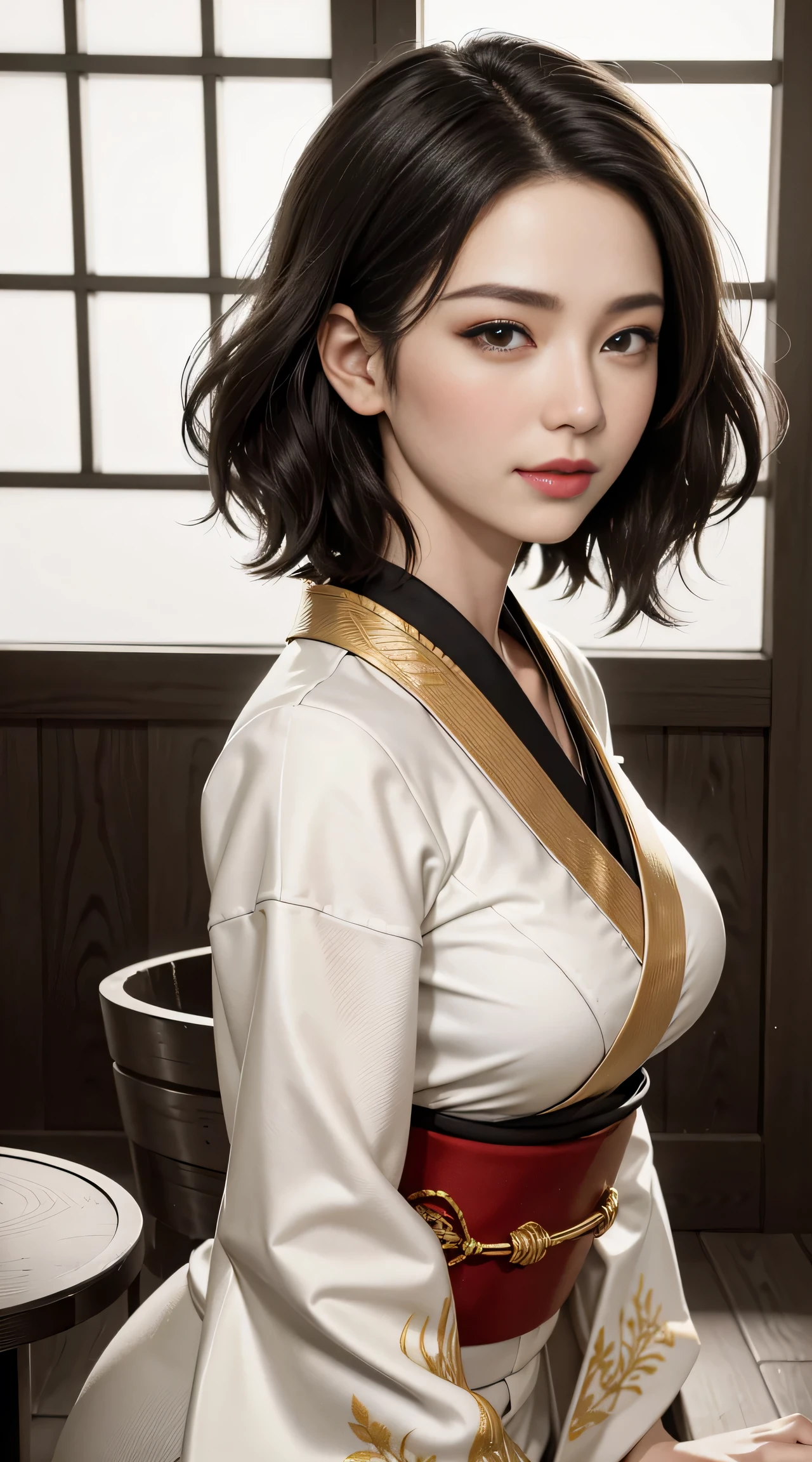 sfw, girl, black hair, wavy short hair, bright red lips, shiny lips, shiny skin, shiny eyes, closed mouth, (half closed eye), inviting smile, (stylish and captivating white kimono with gold embroidery:1.2), seiza, (traditional round table), place a tray on one's thighs, (traditional yunomi on table, green tea, steam from the traditional yunomi), hanging scroll, shoji, (traditional and formal Japanese house), (sophisticated city skyscrapers glittering outside the window:1.3), (close up face:1.2), dynamic angle, from side, depth of field, (monochrome:1.4), (flat color:1.3), (emphasize only red and gold:1.3), correct body structure, 8k, RAW photo, (high detailed skin:1.2), 8k UHD, DSLR, soft lighting, high quality, film grain, Fujifilm XT3, RAW candid cinema, 16mm, color graded portra 400 film, remarkable color, ultra realistic, textured skin, remarkable detailed pupils, realistic dull skin noise, visible skin detail, skin fuzz, dry skin, shot with cinematic camera, ((Full-Body Shot)), detailed skin texture, (blush:0.5), subsurface scattering, wearing bra,((skinny waist)), young asian girl, ((big )),