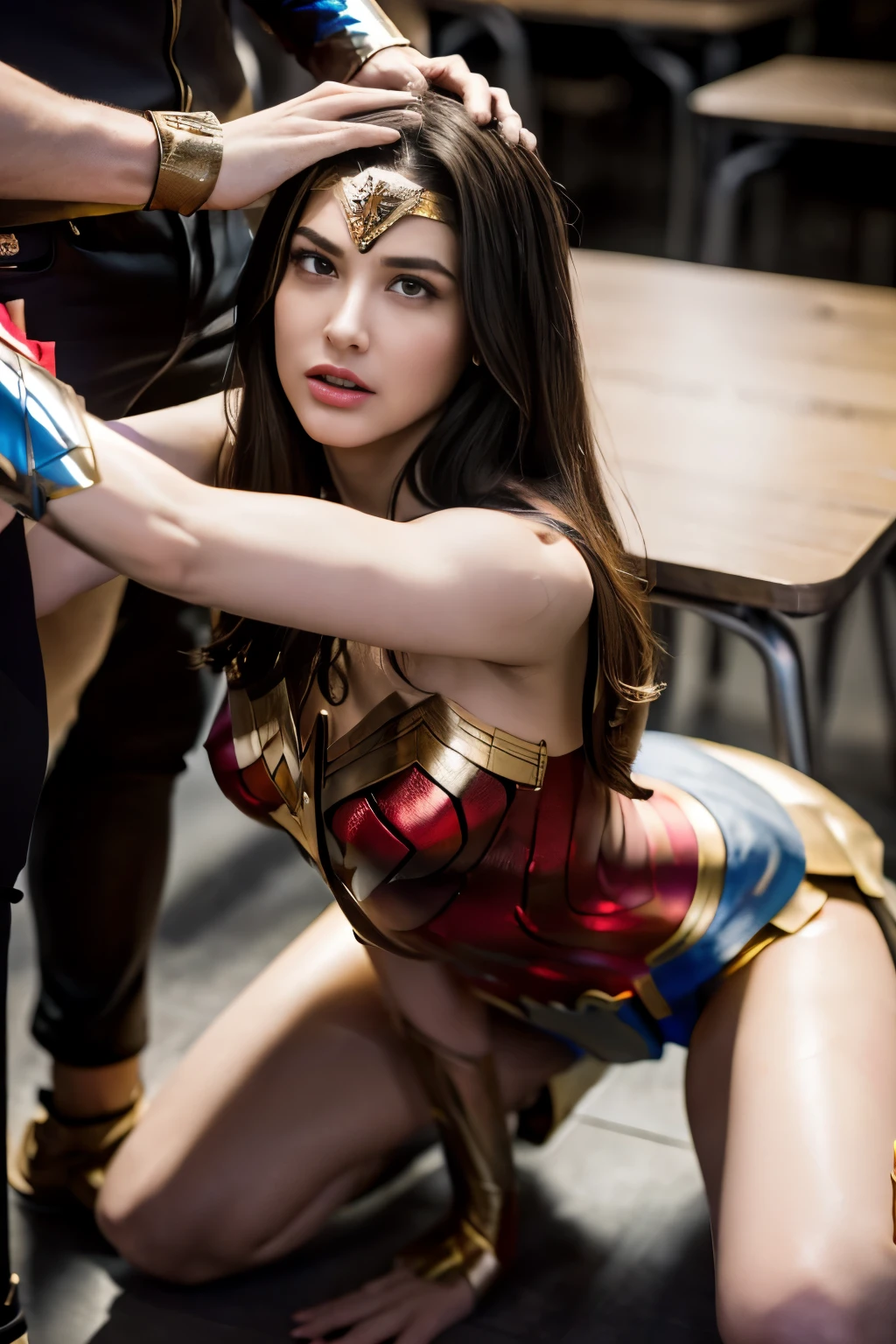 NSFW, Wonder Woman kneeling on all fours in front of a man ,(Wonder Woman Costume:1.2), masterpiece, highest quality, photo-realistic:1.4), (shiny skin), (UHD, 8k wallpaper, High resolution), perfect anatomy, cinematic lighting, Physically based rendering, award-winning, highly detailed skin, highly detailed face, Beautiful eyes in every detail, (((1 girl and 1 man, couple, have ))), (Man standing in front of kneeling woman, grab her head), big , girl excited to see a guy, (girl kneeling in front of a man:1.3), (woman tilting her head), Girl staring at a man,(long brown straight hair, Bangesium breasts with cleavage, (see through thigh height), (obedient), (1 girl: nose cheeks and eyelashes) , in the classroom at midnight, (1 man: Handsome and in a recruit suit, hug her head, stand in front of her, hug her head,lick her head), Photographed diagonally from the front,she grimaces,she has a sad face,she is panting