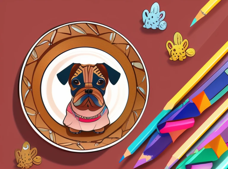 There are a lot of different colors of dogs with pencils on the plate, cute detailed digital art, cute detail artwork, cute pictograms, cute digital art, cute digital painting, cute color cute, inspired by Chai Mansion, mobile game art, colorful dogs, cute faces, cute creatures, inspired by Murakami, cute characters