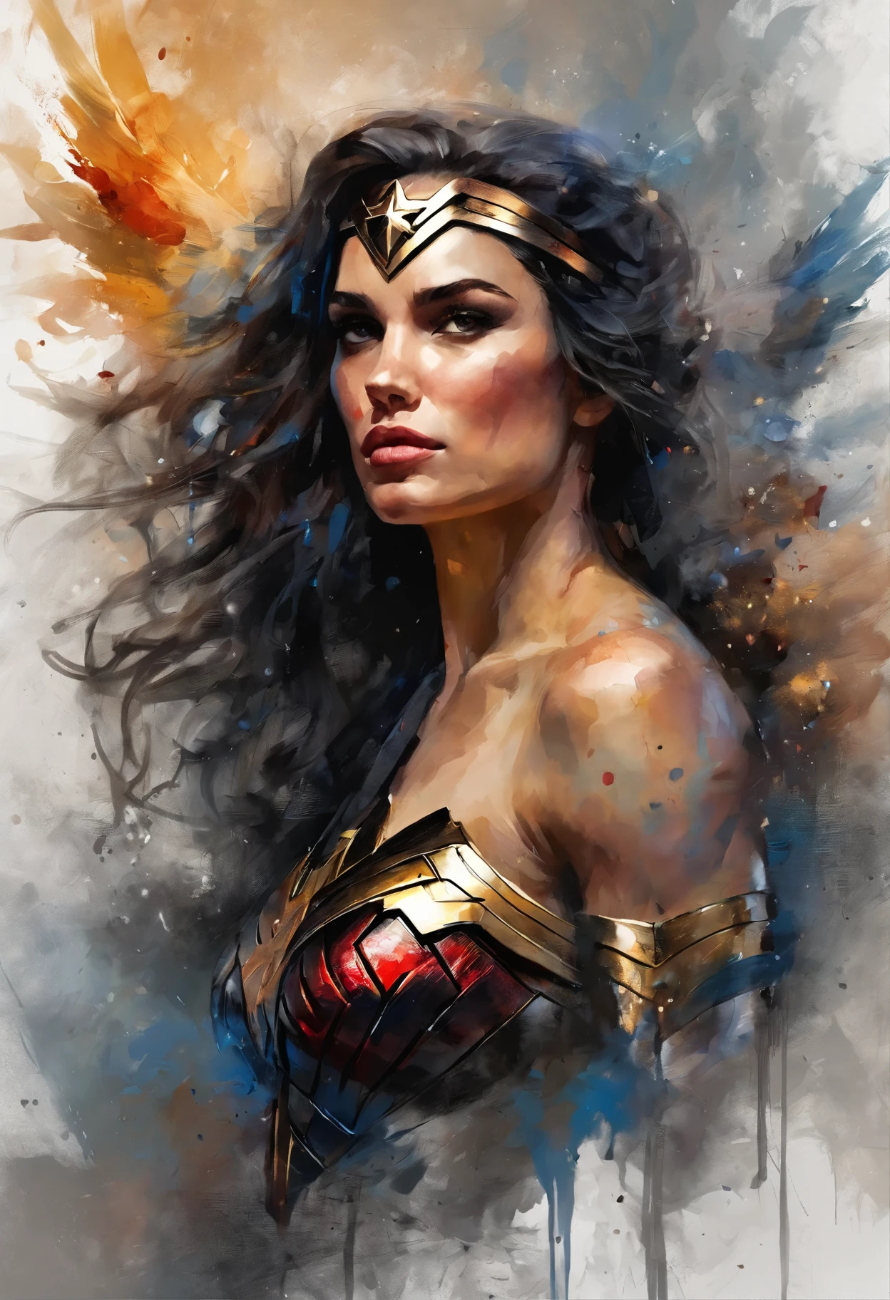 Super body shot chin up looking up at the sky ,Carne Griffiths and Wadim Kashin have created an awe-inspiring digital painting of the character Wonder Woman with abstract beauty. Her full body focused on the camera, approaching perfection with a dynamic pose. The moonlight highlights her smooth skin in sharp focus, making her highly detailed features stand out. This illustration is a concept art masterpiece, with triadic colors and intricate details that give it a fantastical feel. It has become a trending piece on ArtStation, with a 8K resolution and complementary colors that make it a splash screen worthy piece. Greg Rutkowski's hyperdetailed gothic art and Artgerm's oil painting heavy strokes add an extra layer of depth to this fantasy concept art masterpiece.