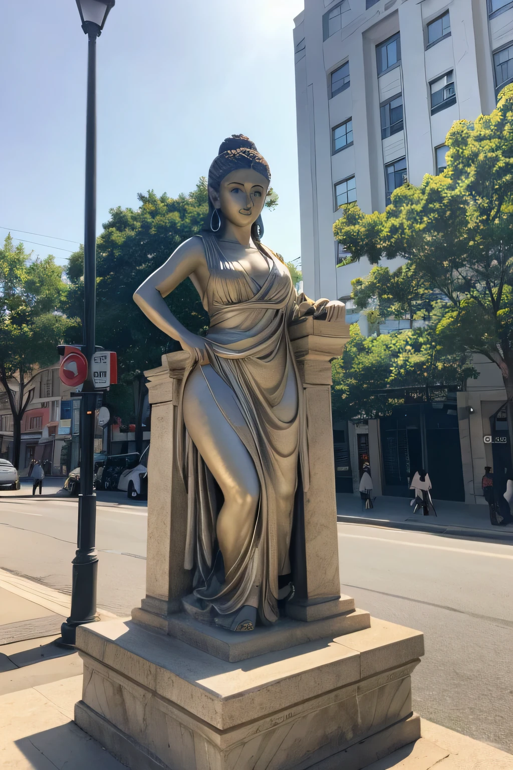 stoic woman statue big breasts legs open
