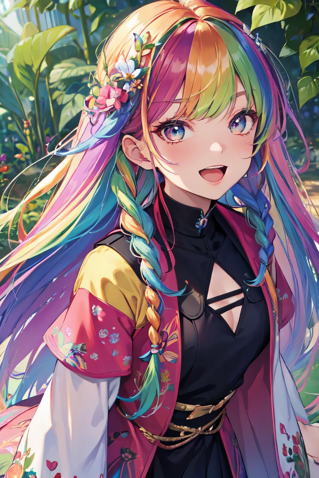 （In 8K, best quality, muste piece:1.2)、ultra high resolution,1 female ************、ultra-detailed face,detailed eyes,open mouth,laughing,((Rainbow Hair)),asymmetrical bangs,twin braids,BREAK,(flower dress),Rainbow light,botanical garden