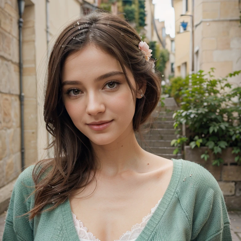 Des textures raffinées et complexes, en hiver sans la neige Détails Une femme chatain elegante mais au naturel, habille avec des coulers pastel, avec un vert pastel et rose,sur les rue de montmartre a Paris, super realiste, souriante ar portrait instagram format. la peinture mate, couleur profonde, fantastique, détails complexes